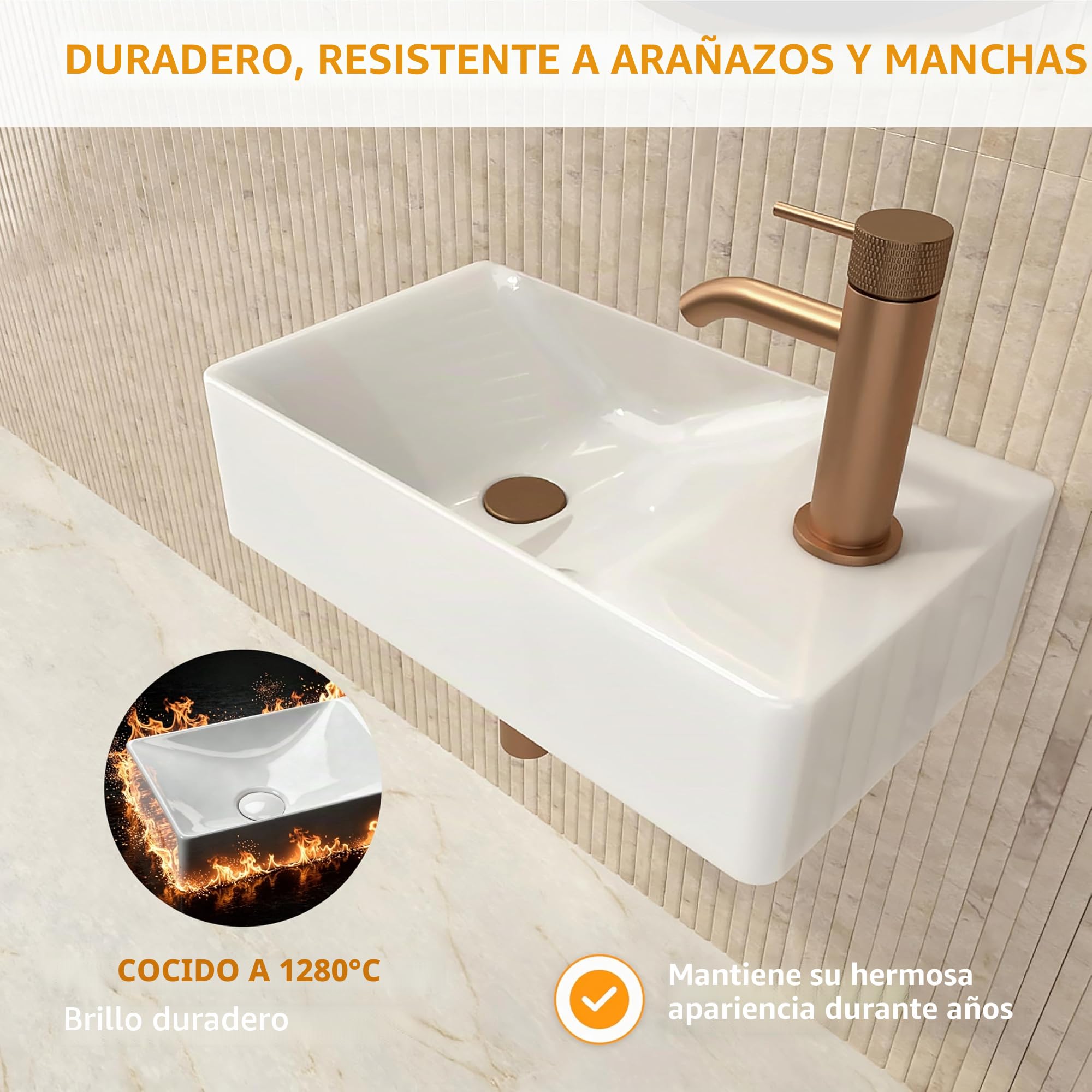 HOGART lavabo pequeño baño 38x22 cm, lavabo cerámica rectangular, lavabo suspendido pared o sobre encimera, con orificio para grifo, sin rebosadero, aseo invitados moderno (38x22cm (L))