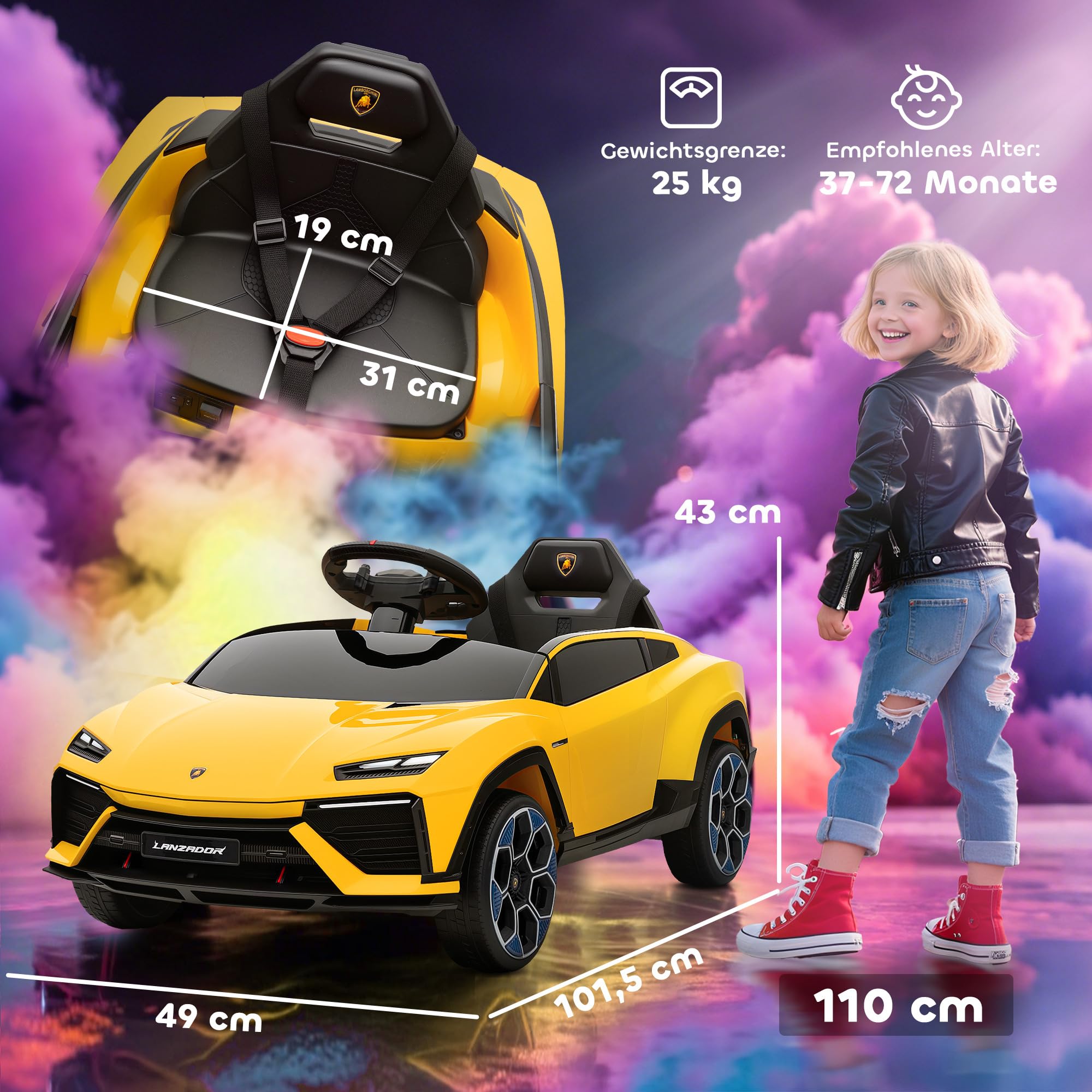 AIYAPLAY Samochód elektryczny dla dzieci 12V z pilotem 2,4 GHz, 2 silniki, pojazd dziecięcy z klaksonem, LED, muzyką, miękkim startem, dla dzieci w wieku 3–6 lat, Żółty