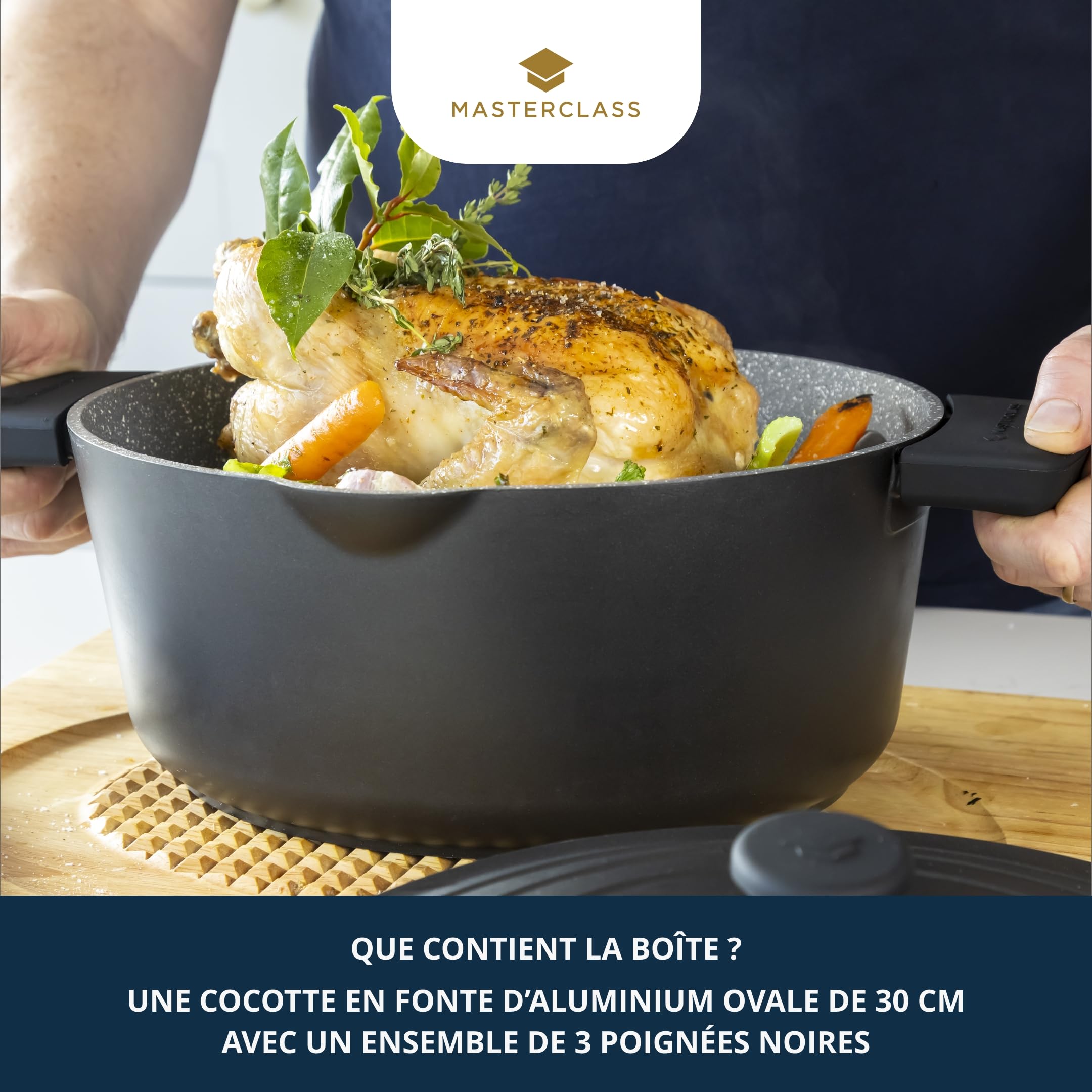 MasterClass Plat à Four Ovale en Fonte d'Aluminium avec Couvercle Automatique Plus Léger Que la Fonte, Noir, Verse Facilement la Sauce de la Cuisinière au Four, pour Mijoter Longtemps,30 cm, 6 l