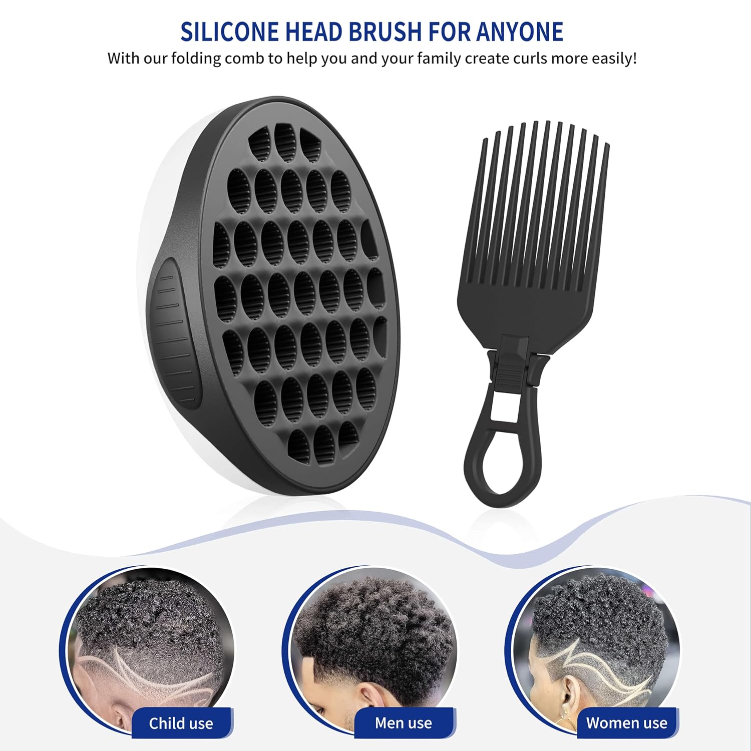 FIABC Silicone Curl Brush,Africa Comb,Magic Curly Hair Brush Twist Hair,Afro Pick,Men Women Boys Girls Wave Curler Tool,1 Set Black