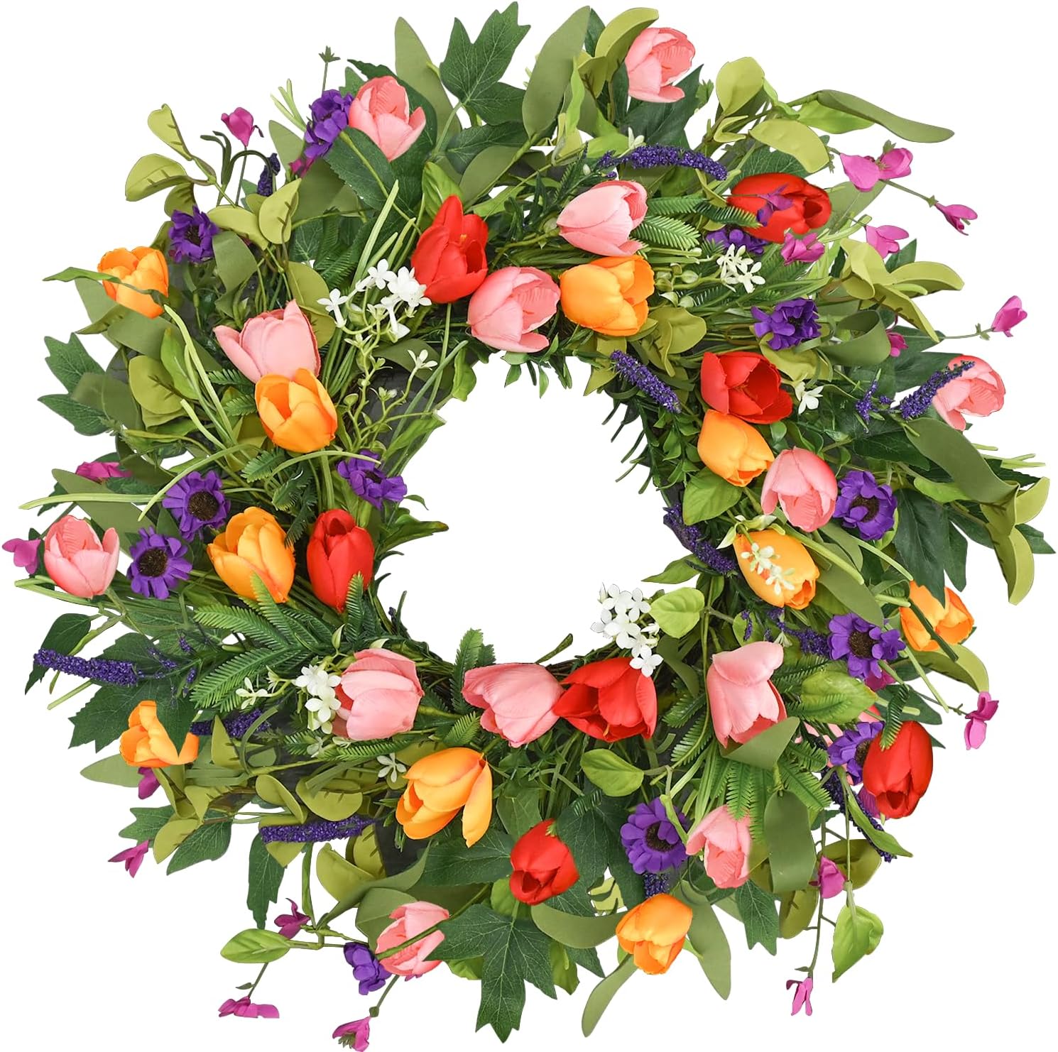 Qingbei Rina Spring Wreaths for Front Door, 22-24 Inch Easter Door Wreath for Decorating with Colorful Tulip, Lavender and Eucalyptus, Indoor Outdoor Floral Wreath Party Farmhouse Wedding Home Decor
