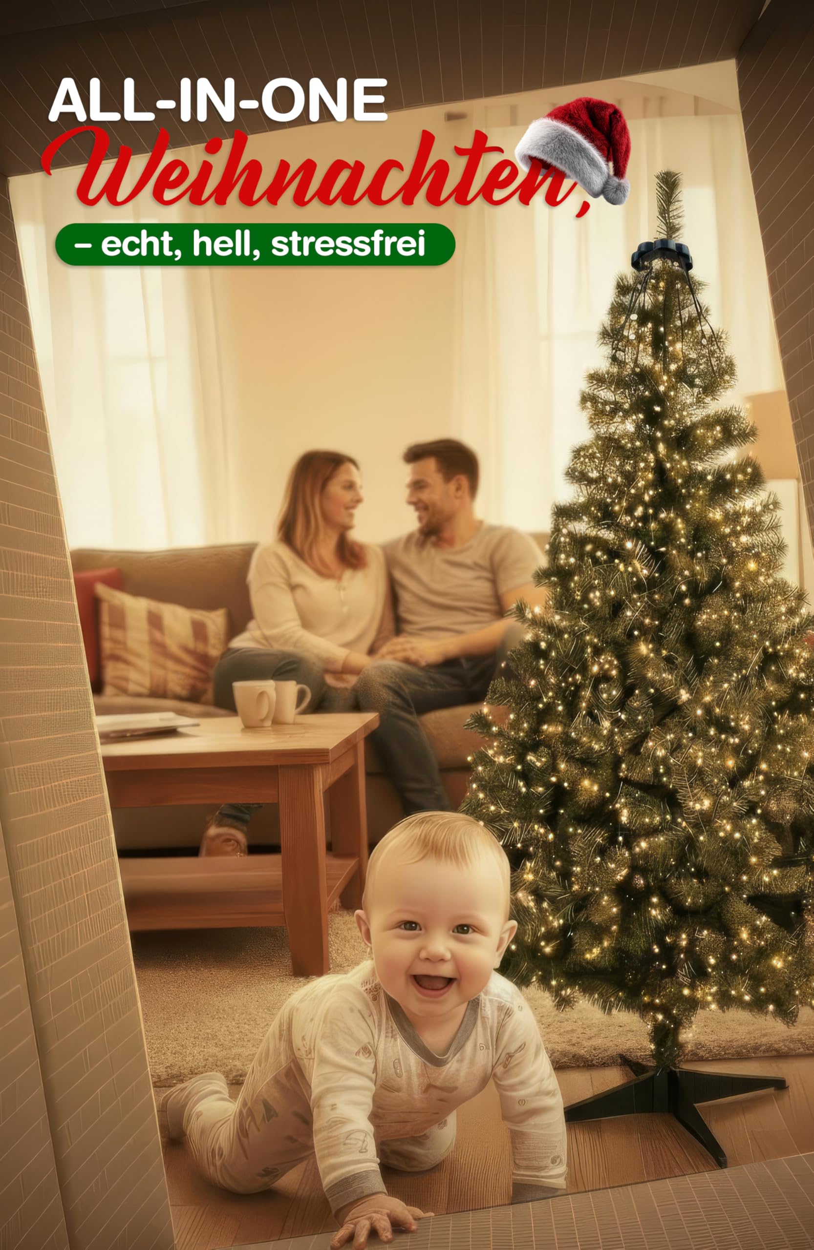 Menz Künstlicher Weihnachtsbaum 180 cm LED 2-in-1 Set, Tannenbaum Künstlich mit Lichterkette, Dichte PVC-Zweige, Stabiler Christbaum-Ständer, Einfach zu Montieren und Lagern