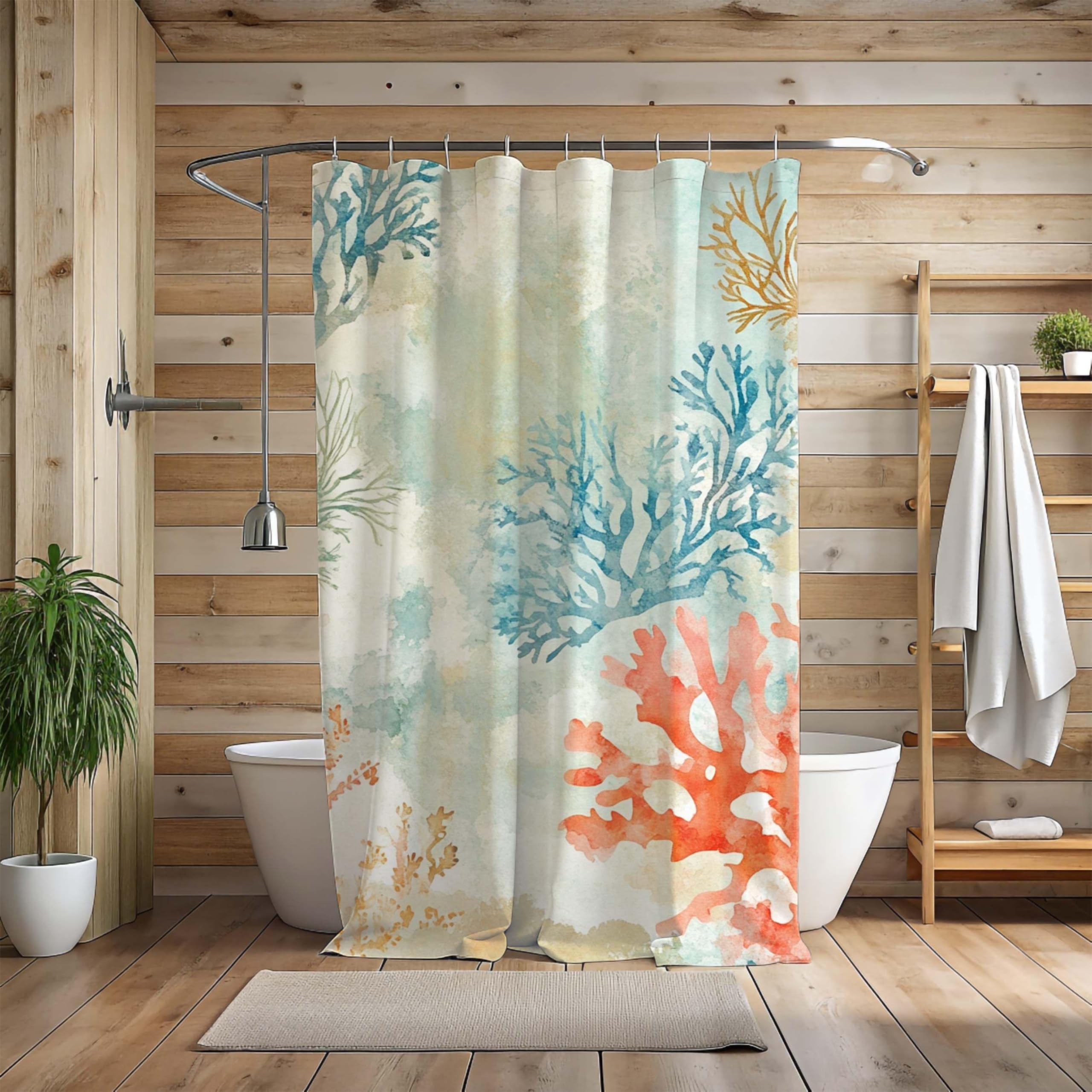 Cortina de Ducha de Coral Acuarela, decoración de baño con Algas Marinas, Estampados Abstractos en Tela de poliéster (260x200cm/102x79in(WxH)/)