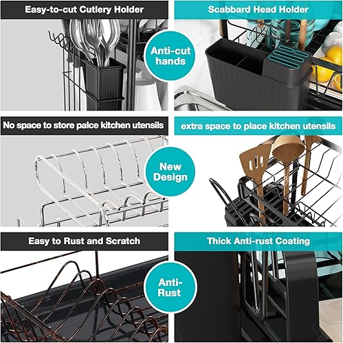 Miniatura 5 de romision - Escurridor de platos grande de acero inoxidable 304 con soporte para utensilios portavasos y bandeja de agua escurridor de platos para