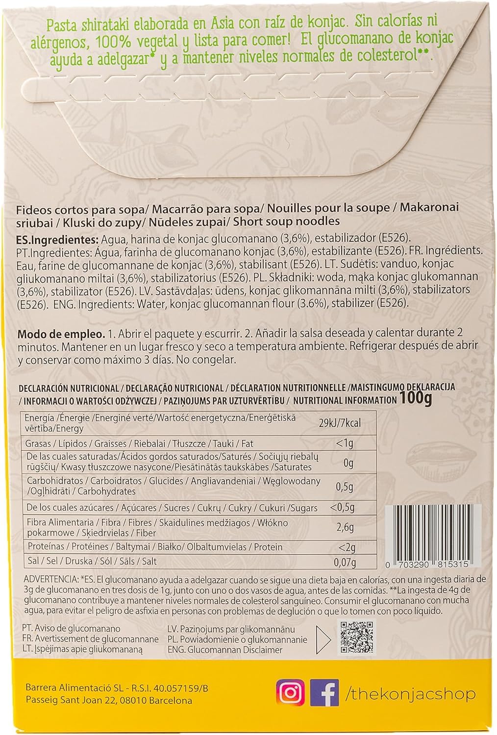Fideos Konjac Para Sopa 200g Shirataki Sin Gluten Bajo en Calorías y Carbohidratos 100% Vegetal