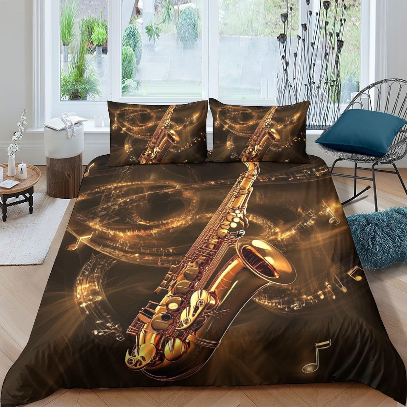 Ctjqhvkz Style-5 3D Printed Golden Saxophone Fitted Sheet Microfiber Brown Musical Note Mattress Cover For Bedroom Dorm Bed Decor Single（135X200cm）