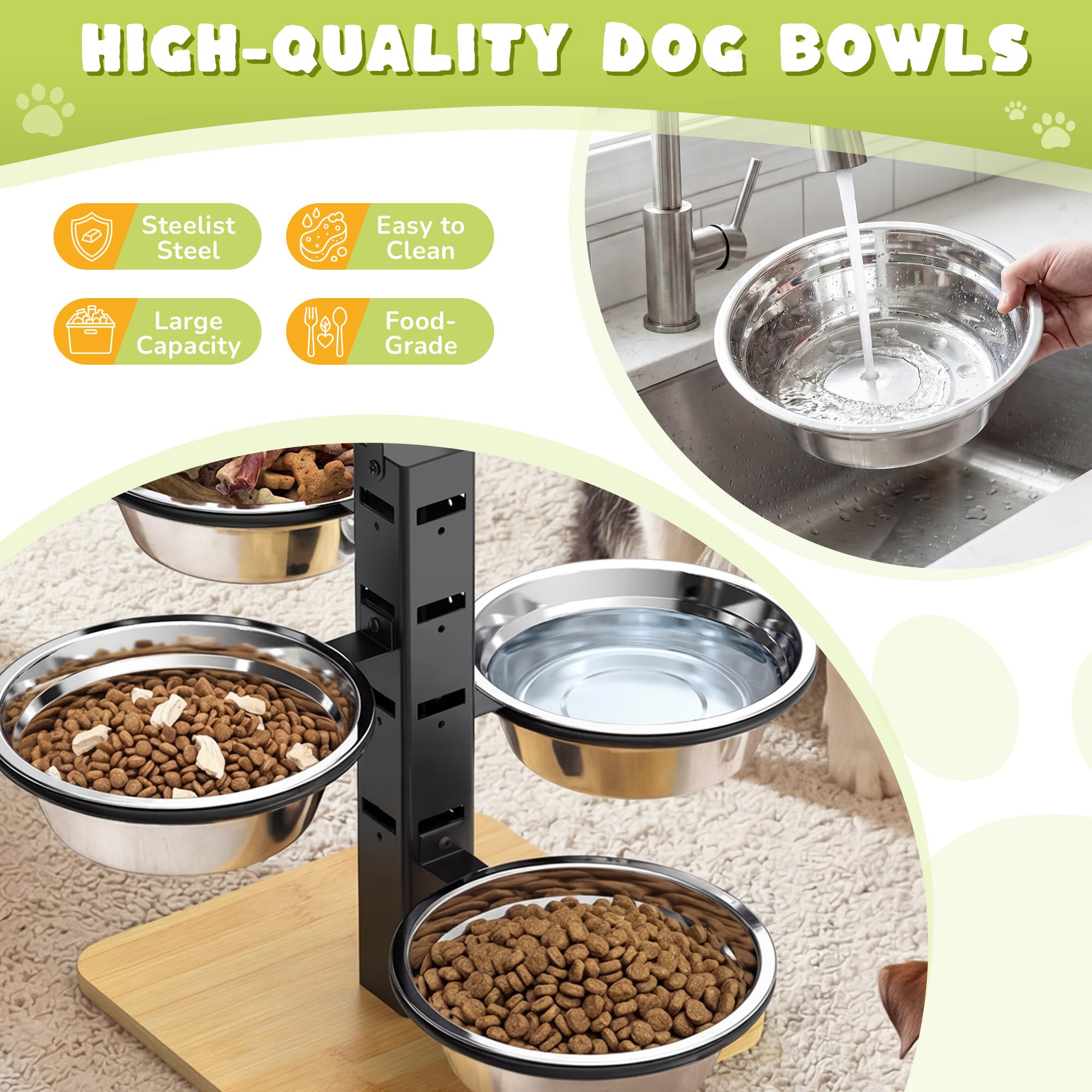 Support de gamelles surélevées pour chien – 4 hauteurs – Gamelle surélevée pour chien de grande taille – Station d'alimentation pour chien – Ensemble de gamelles et d'eau pour chien avec