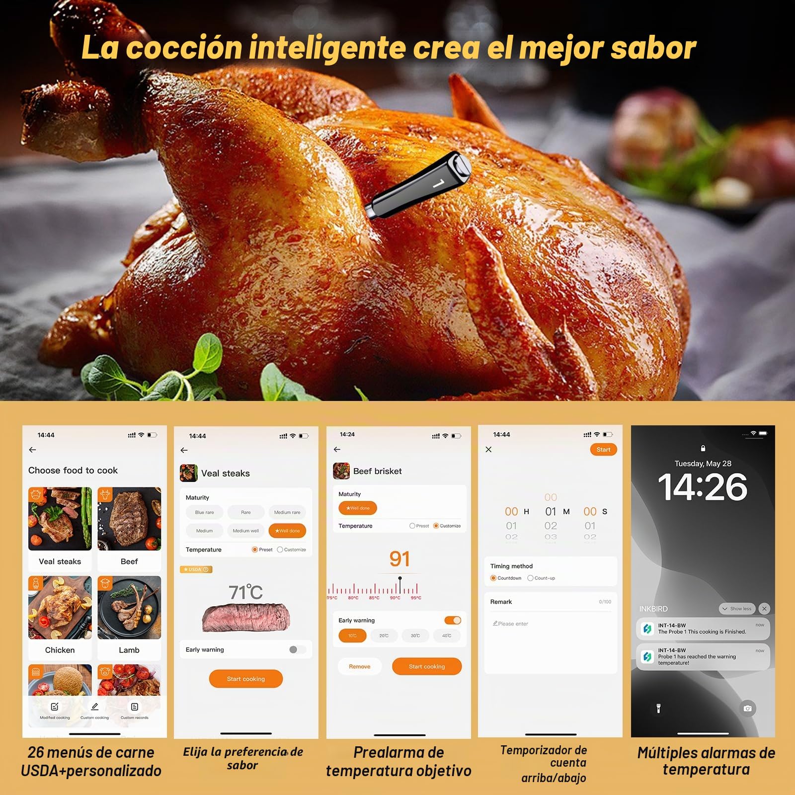 Inkbird INT-14-BW - Termómetro para carne inalámbrico, Smart Grillthermometer WIFI 2.4G y Bluetooth 5.4 Signal 91 m, Termómetro para horno, barbacoa, ahumador, asador, horno