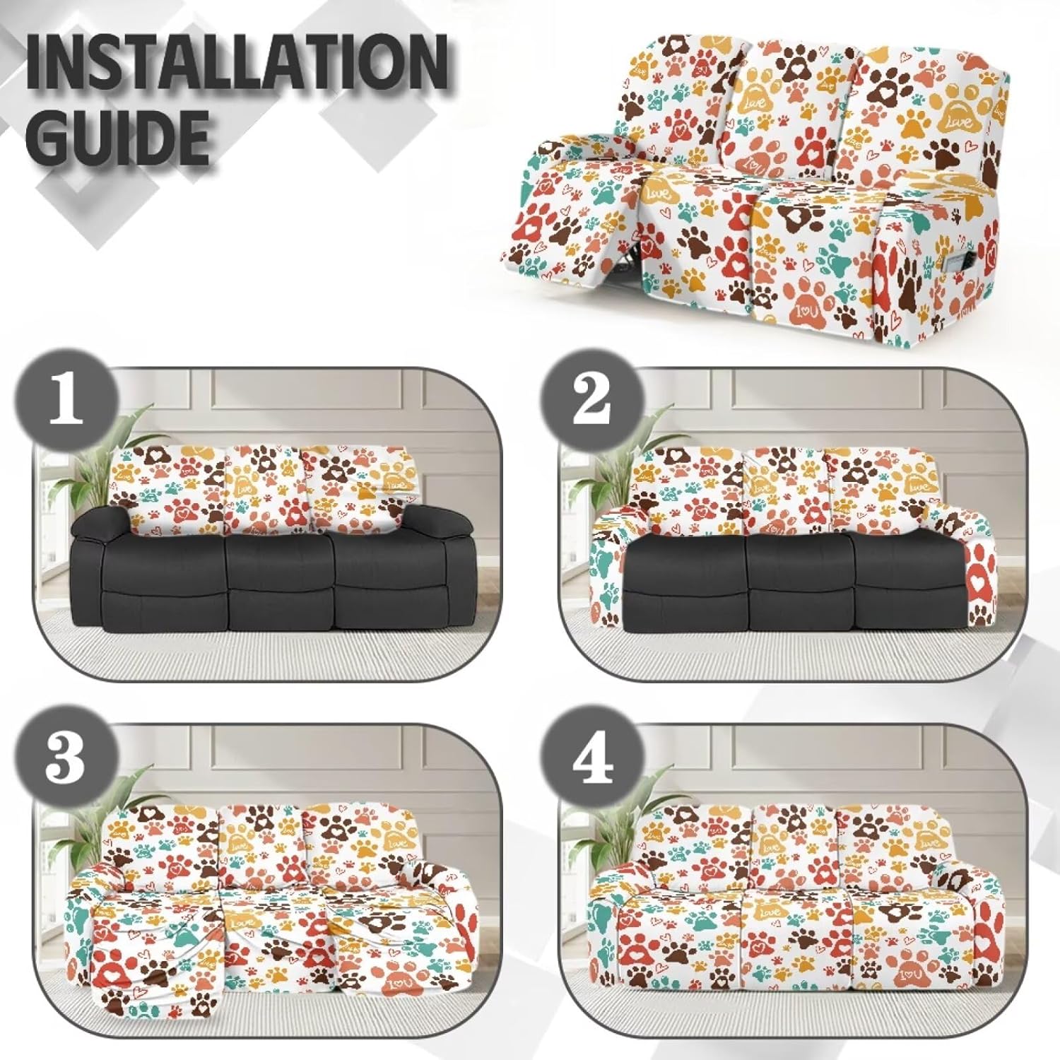 Colorful Dog Paw Print Recliner Sofa Covers 8 Pcs Stretch Reclining Chair Slipcovers Dustproof Furniture Protector for 3 Seater Couch Decor Covers