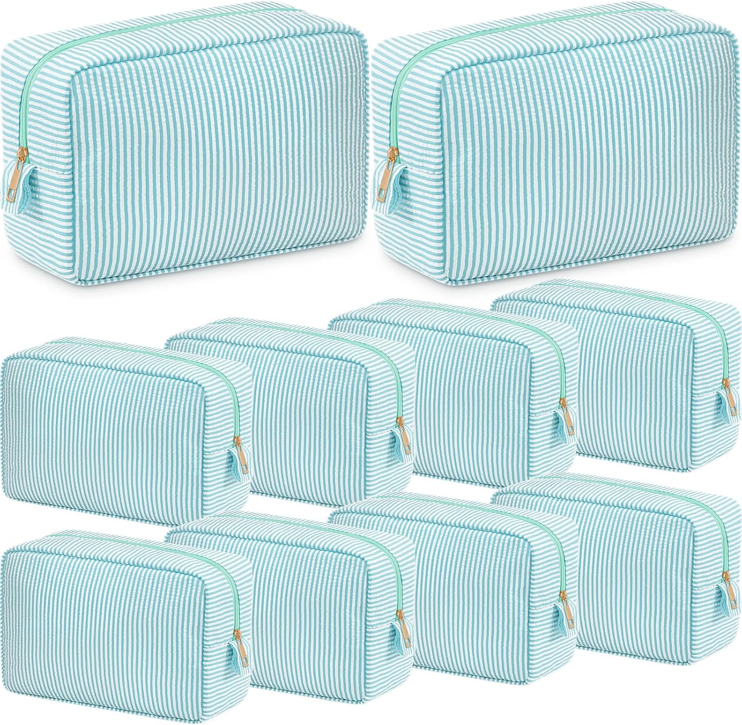 Sanwuta 10 Pcs Seersucker Cosmetic Bag Seersucker Makeup Bag Women Stripe Large Travel Toiletry Organizer Preppy Storage Pouch for Embroidery Wedding Bridesmaid Bride Mom (Mint Green)