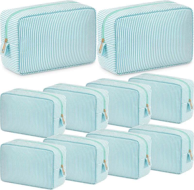 Necessaire de maquiagem Sanwuta em seersucker listrado verde-menta, Pacote com 10