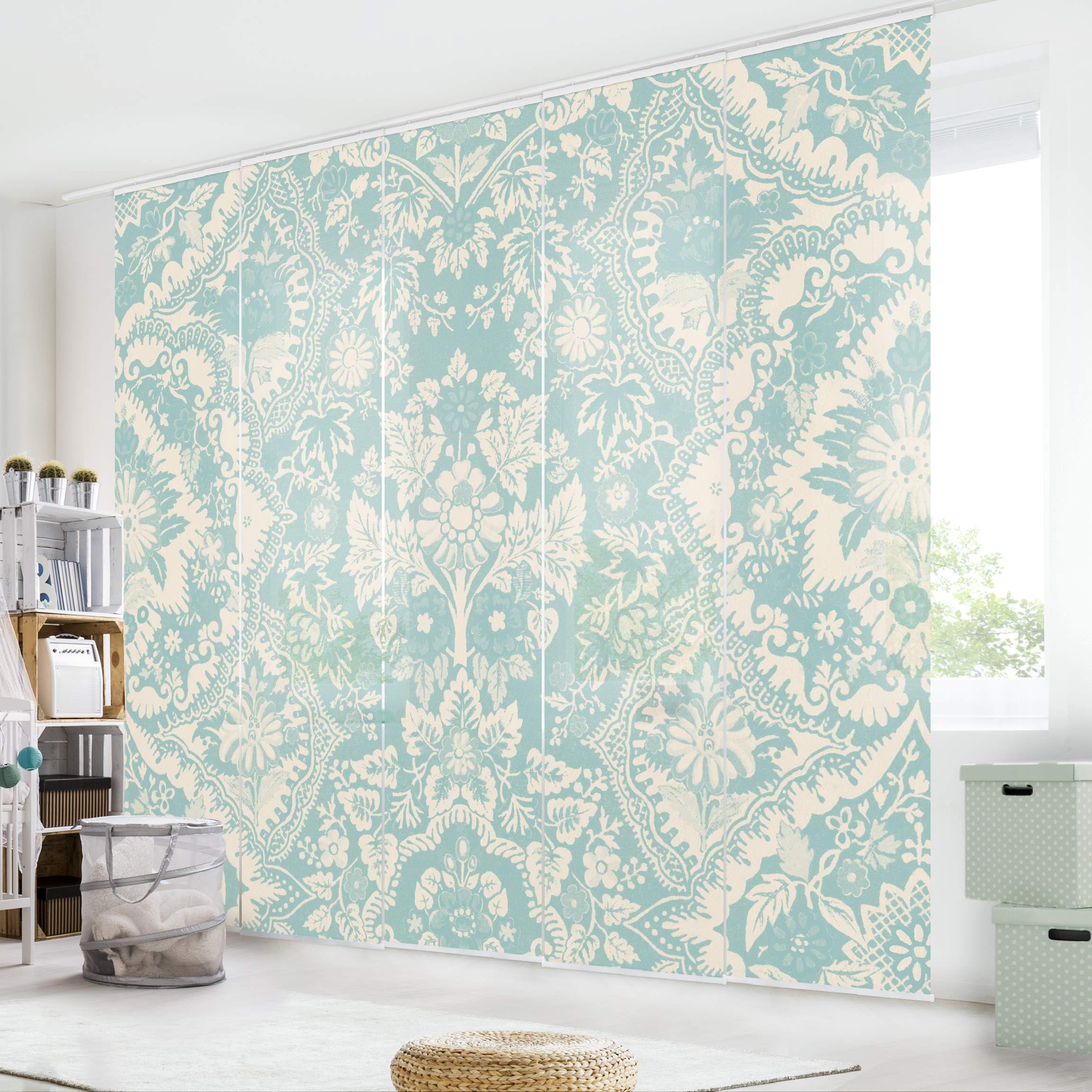 Schiebegardine halbtransparent 60er Paneel Klett Muster Textil lichtdurchlässig - Ornamente Landhaus Flächenvorhang türkis Wohnzimmer Schlafzimmer 2475 (300x250 cm - 5er Set)