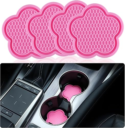 GaRhomxy Portavasos universal antideslizante, 4 piezas de PVC en forma de flor, accesorio de cristal para automóvil (rosa)