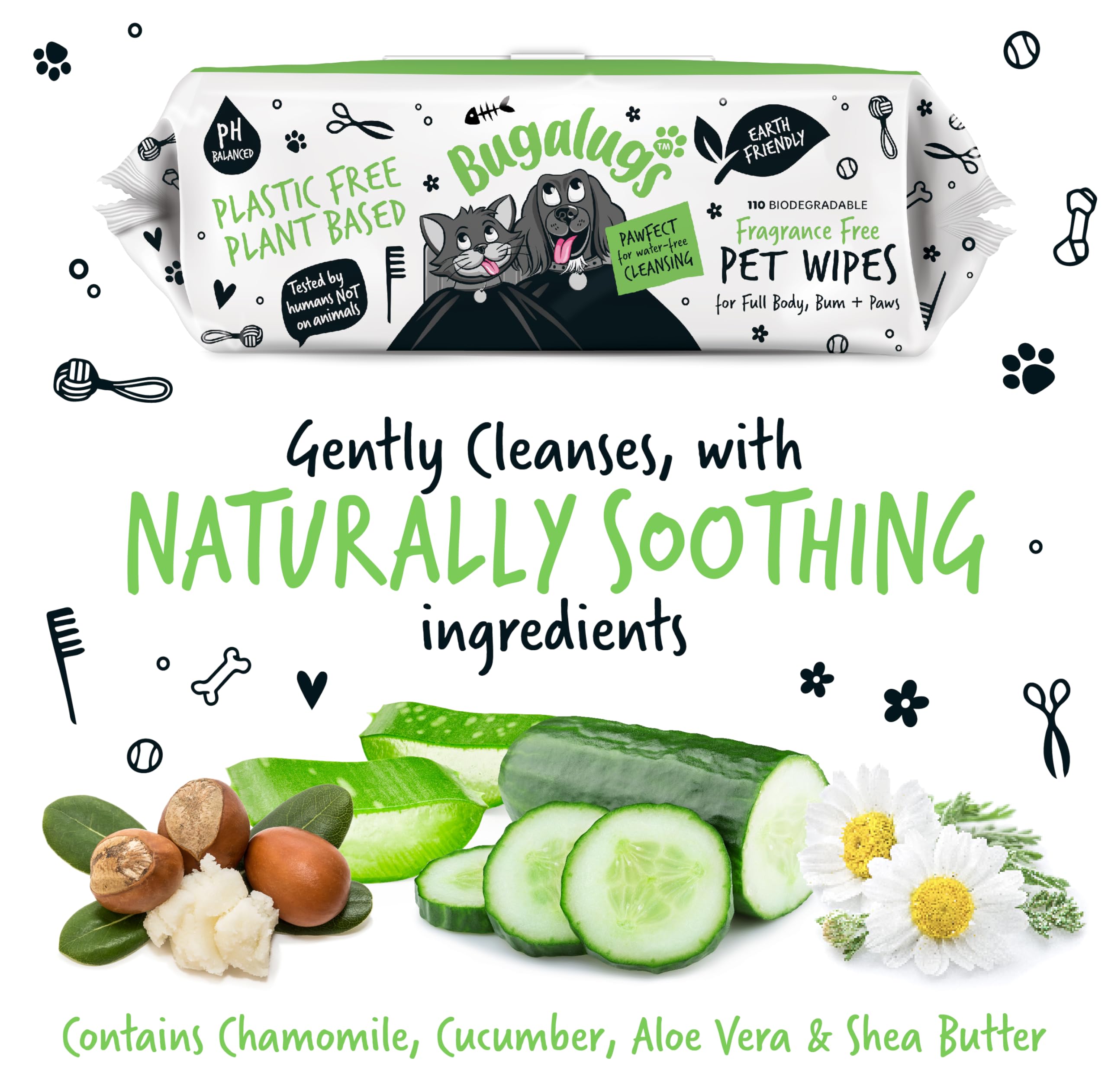 BUGALUGS Dog Wipes, 100% Plastic Free Biodegradable pet wipes for full body, eye wipes, ear wipes, bum & paws. 110 sensitive dog grooming wipes for dogs, puppy & cat grooming (Fragrance Free) — view 7