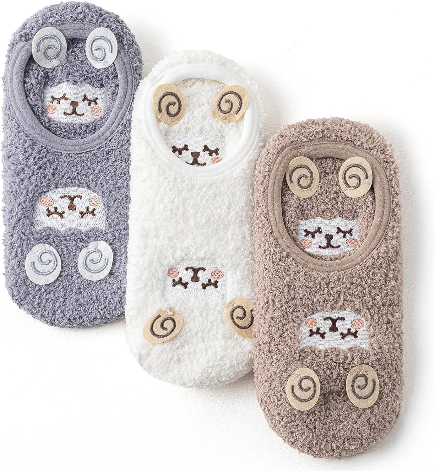 3Pairs Cozy Winter Fuzzy Socks for Women With Grip Anti-Slip Fluffy Plush House Warm Ankle Socks