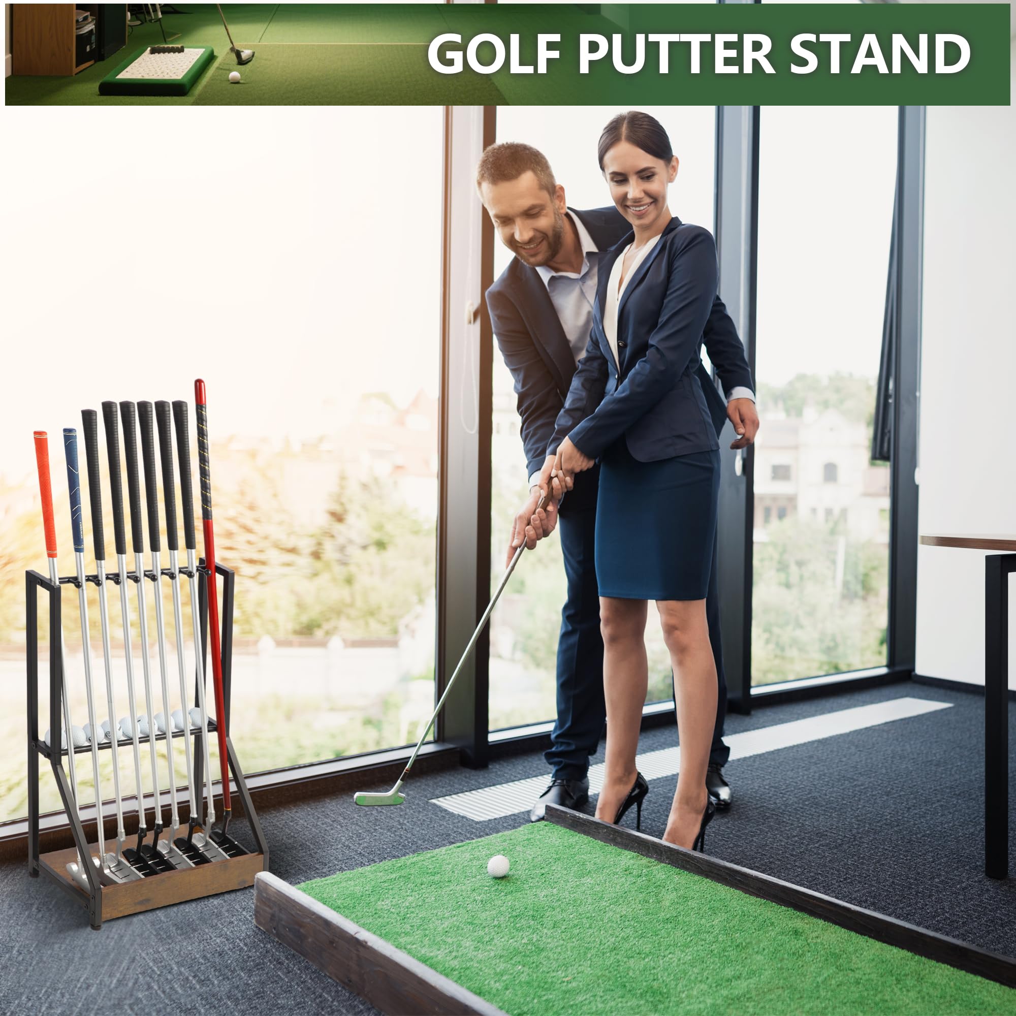 Xnwouco Golf Putter Stand for 9 Clubs & 9 Balls, Solid Wood & Iron Golf Club Rack, Golf Club Organizer Floor Stand, Golf Club Holder | Rustic Modern Design for Home, Office, Golf Course Accessories