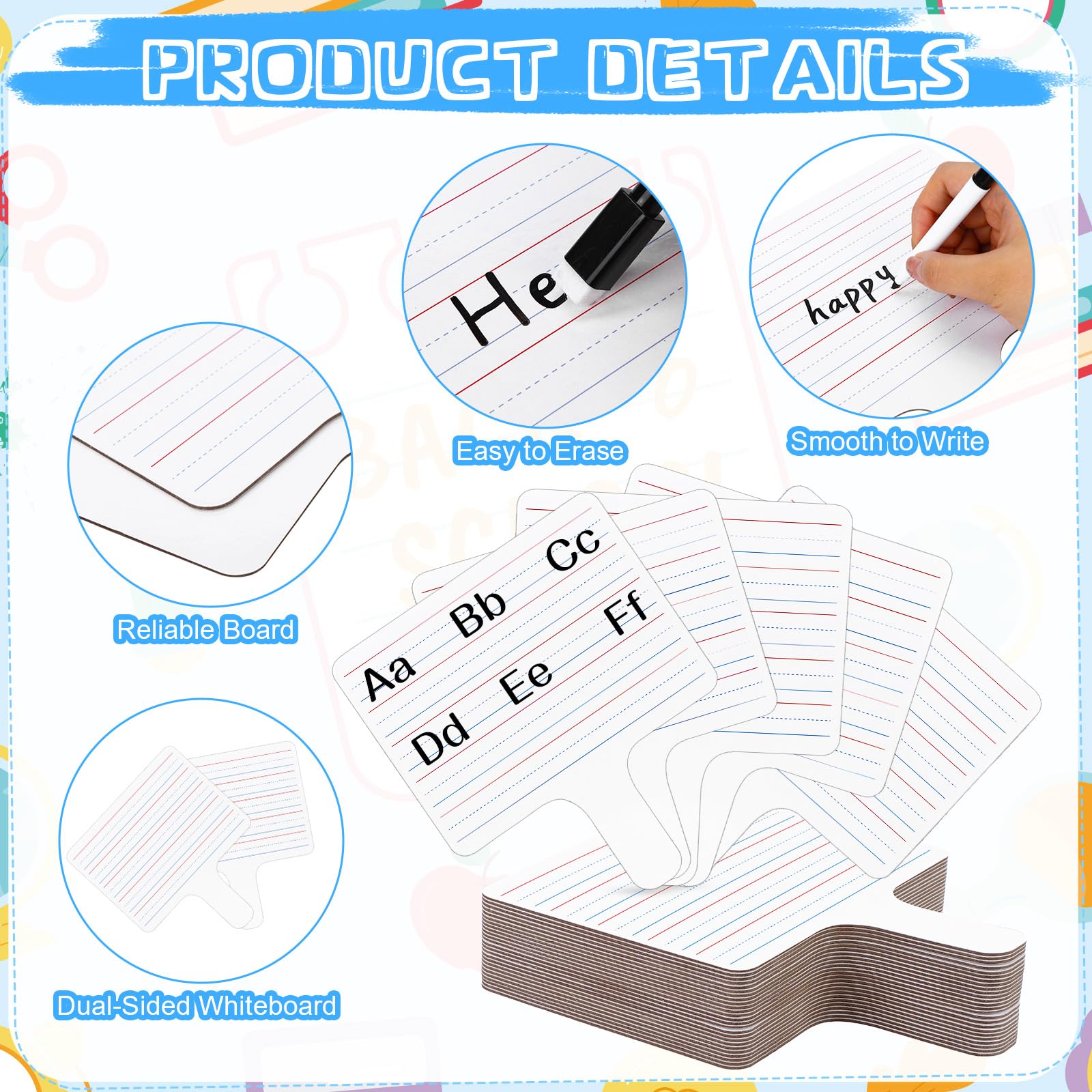 25 Sets Double Sided Dry Erase Paddles Double Sided White Boards with 25 Black Markers Handheld Whiteboard Sign with Blank and Lined Sides for Learners Teacher Classroom Office Supplies - Image 3
