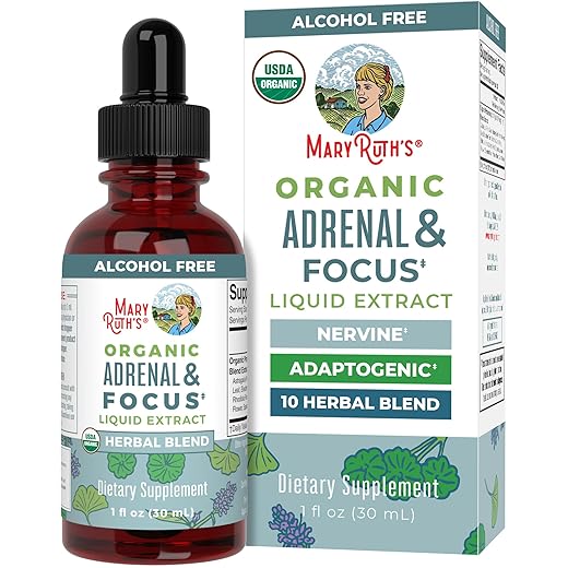MaryRuth Organics - USDA Organic Brain Nootropic Supplement for Adults with Ginkgo Biloba & Astragalus | Focus & Adrenal Support | Brain & Memory Drops | Vegan | Non-GMO | Gluten Free | 30 Servings