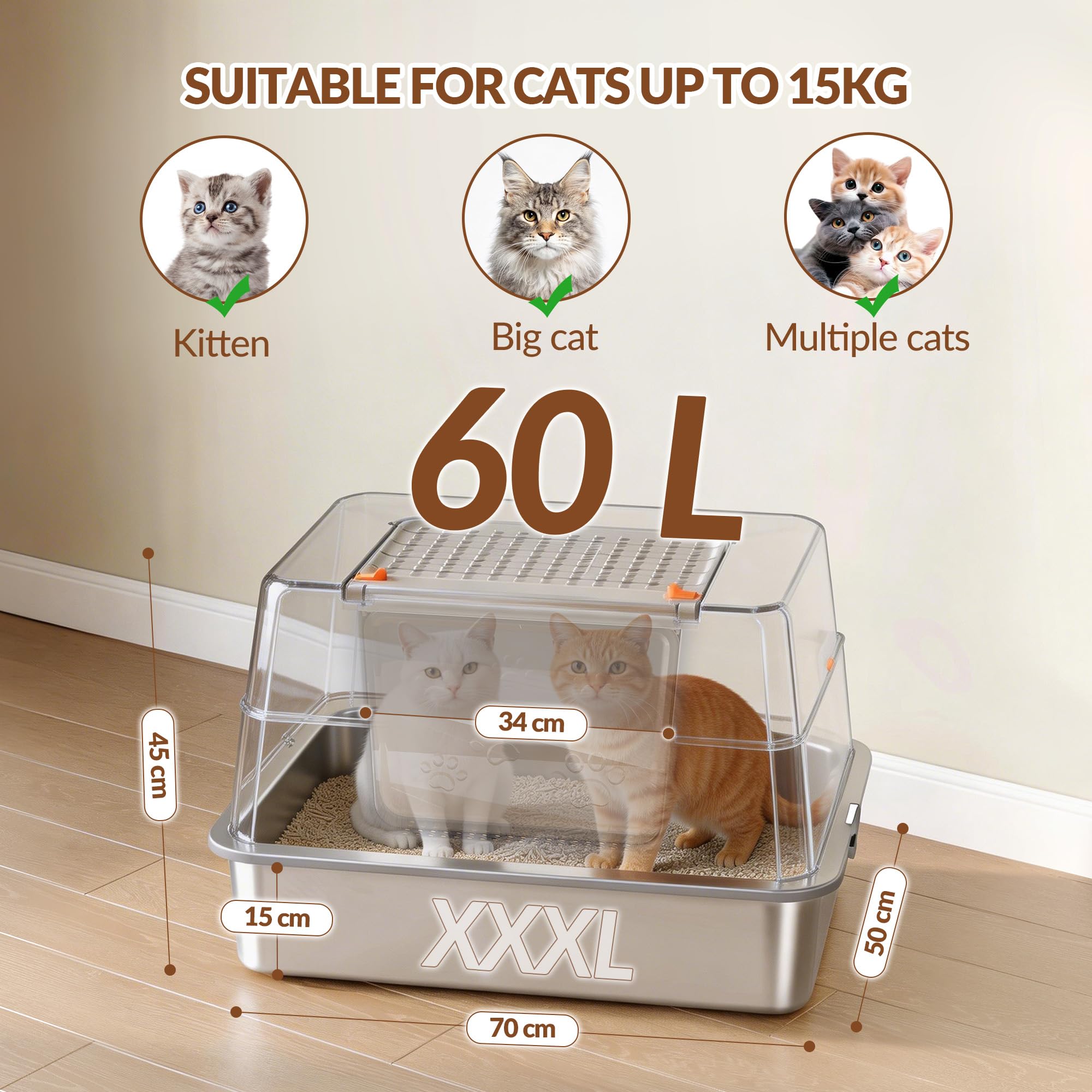Edelstahl Katzenklo mit Deckel XXXL, 70 x 50 x 45 cm, Dunkelgrau | Geschlossene Metall Katzentoilette, 105° Klappbar Deckel, Inklusive Pedal und Schaufel, Leicht zu Reinigen, Modulares Design
