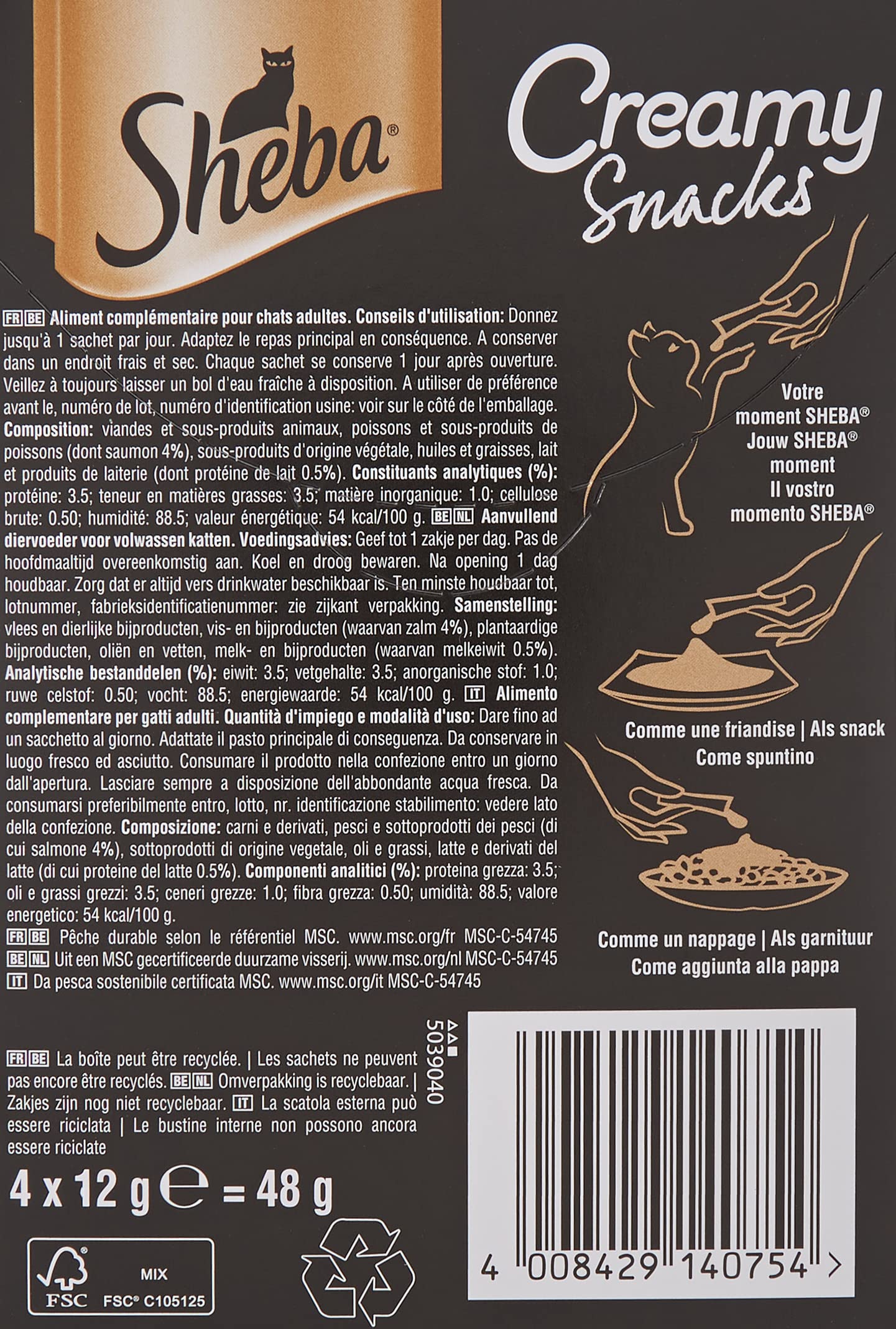 Sheba Creamy Snacks - Snacks de salmón cremoso para Gatos, 11 Paquetes de 4 Snacks Cada uno (Total 44 Aperitivos)