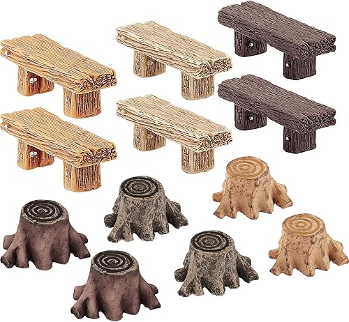 Skylety 12 piezas de adornos de jardín en miniatura, incluye 6 bancos de estilo retro de madera, 6 tocones de raíz artificiales para terrarios de