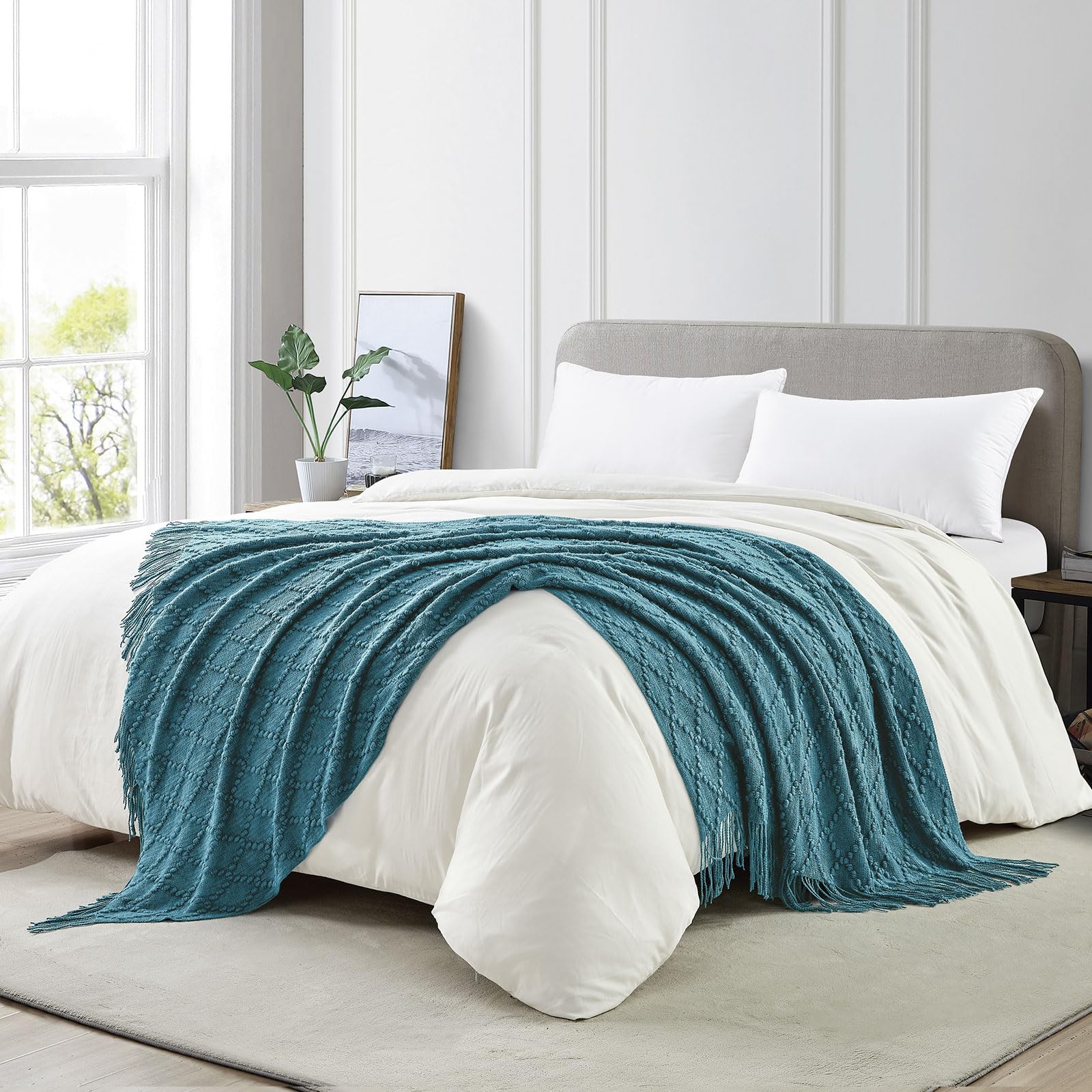 BOURINA Throw Blanket Textured Solid Soft Throws and Blankets for Sofa or Bed Knitted Decorative Blanket 127x178cm Teal - Image 3