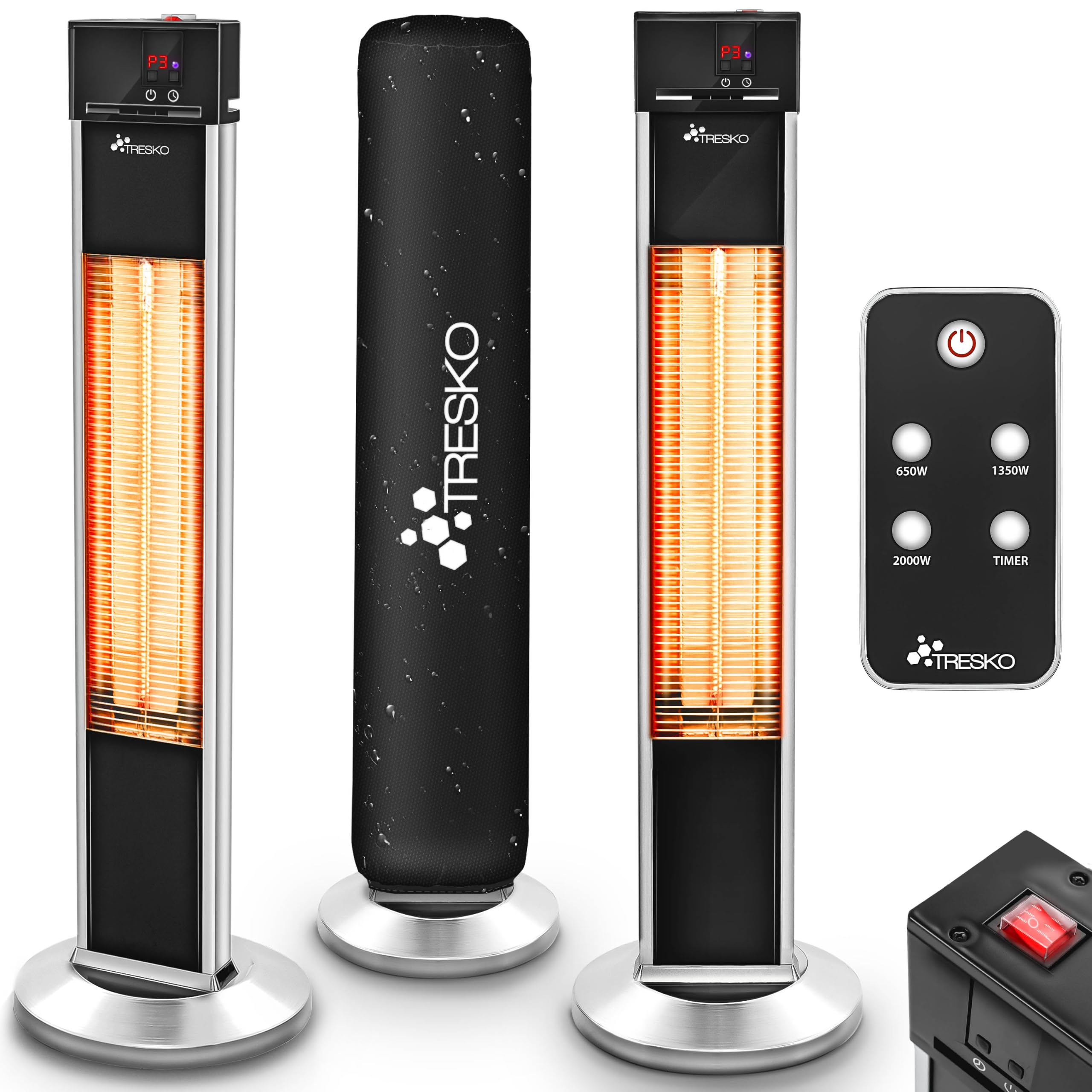 TRESKO® Infrarot Heizstrahler 2000W mit Fernbedienung für Innen & Außen | Stand-Wärmestrahler Terrasse elektrisch mit 3 Heizstufen | Terrassenstrahler Outdoor | Infrarotstrahler mit LED-Anzeige