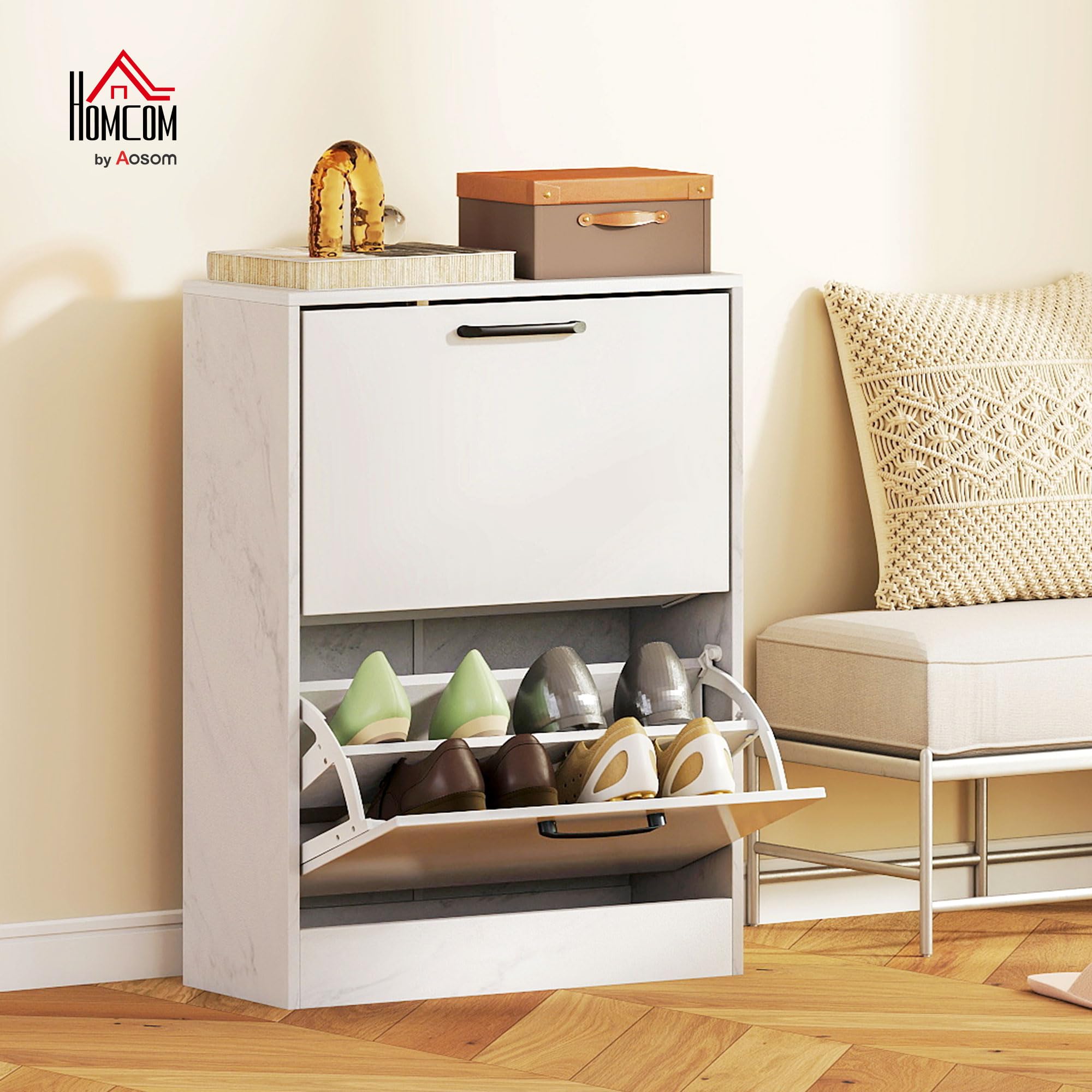 HOMCOM Zapatero Estrecho 2 Puertas de Alto Brillo 60x24x80 cm Blanco | Zapatero Entrada Recibidor, Estantes Ajustables, Diseño Mármol, para 8 Pares de Zapatos, Espacios Reducidos