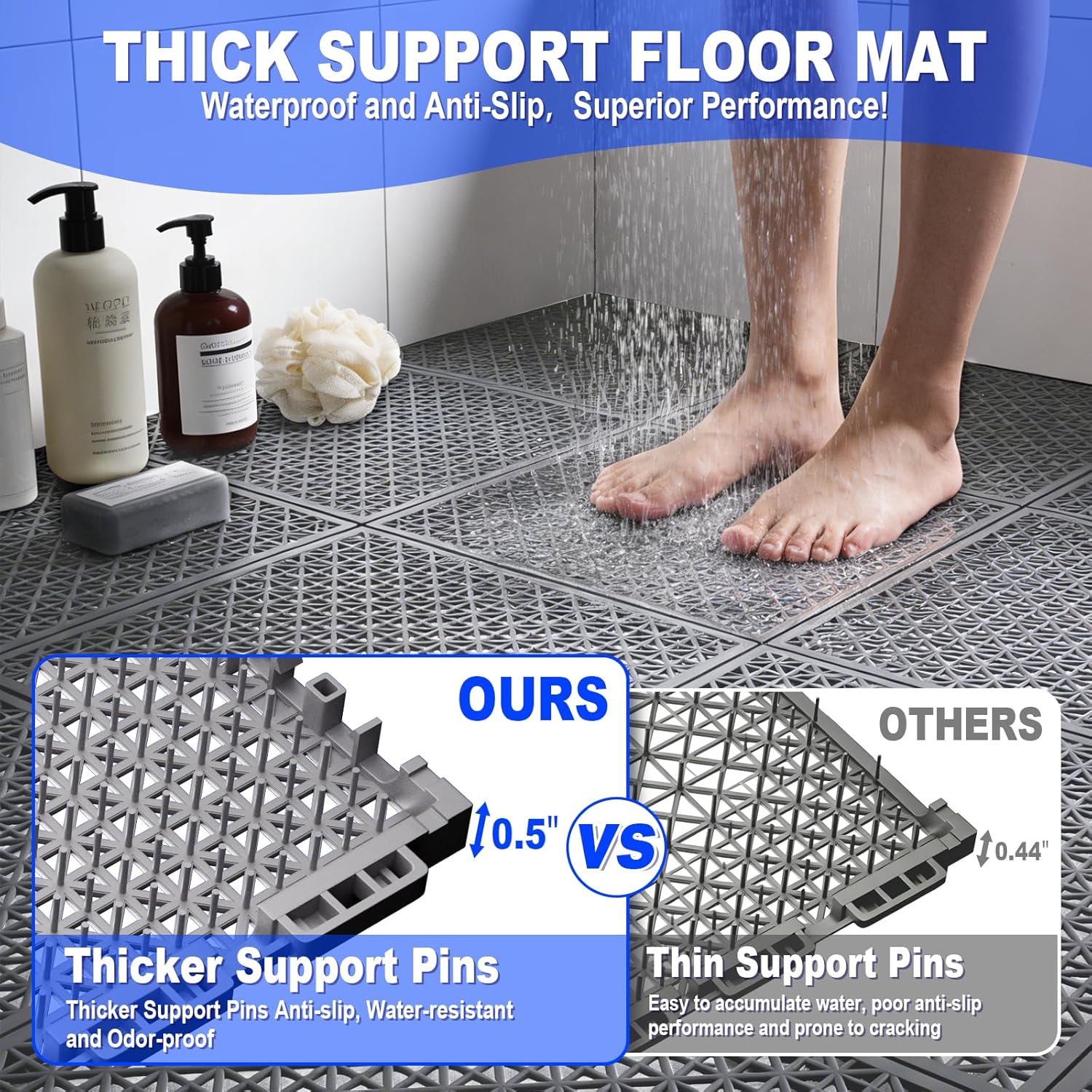 50 PCS Modular Interlocking Cushion Interlocking Floor Tiles with Hole Drainage Mat 10" x 10" Non Slip Pool Deck Mat Outdoor for Drain Deck Pool Patio Shower Kitchen Balcony (Grey)