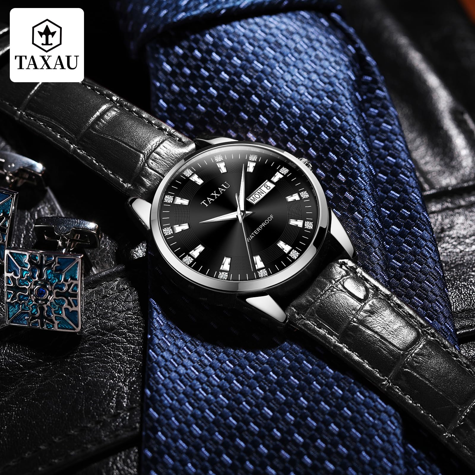 Taxau Montre classique en cuir pour homme - Analogique - Grand cadran - Montre de luxe étanche - Date de jour - Reloj para hombre