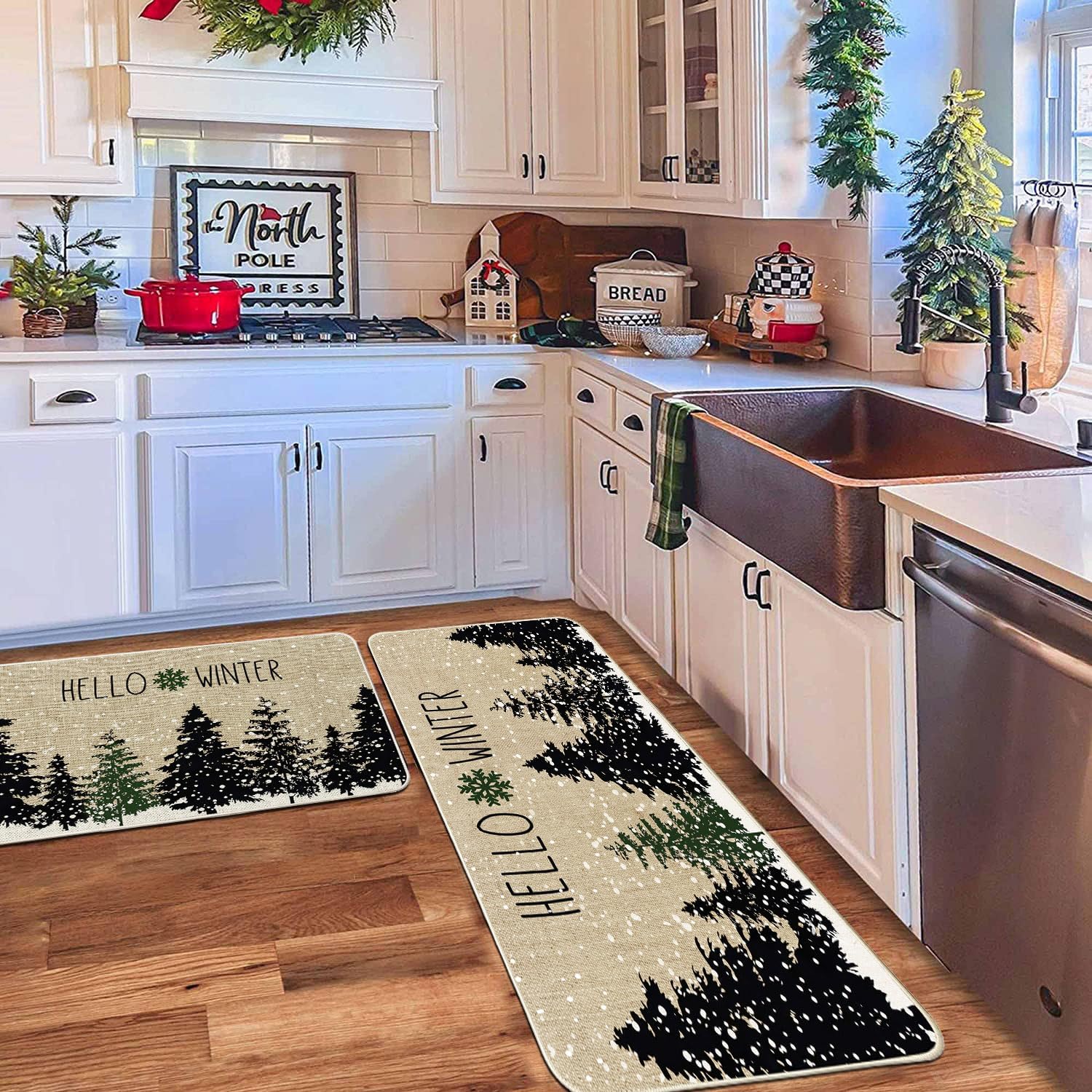 Christmas Black Tree Doormat Winter Cold Forest Snowflake Xmas Door Mats Entrance Low Profile Merry Christmas Runner Rugs Non Slip Floor Mat in/Outdoor for Home Patio Decor (17x36 in)