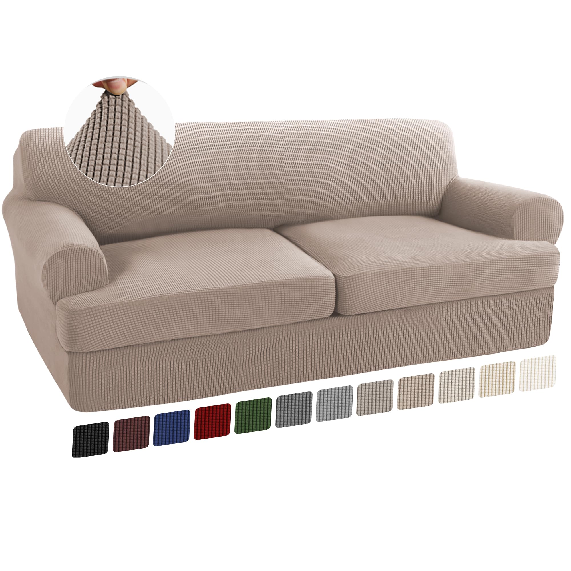 Turquoize 3 Piece T Cushion Sofa Slipcovers Stretch Couch Cover Furniture Covers with 2 Individual T Cushion Covers, Machine Washable (2 Cushion Sofa, Sand)