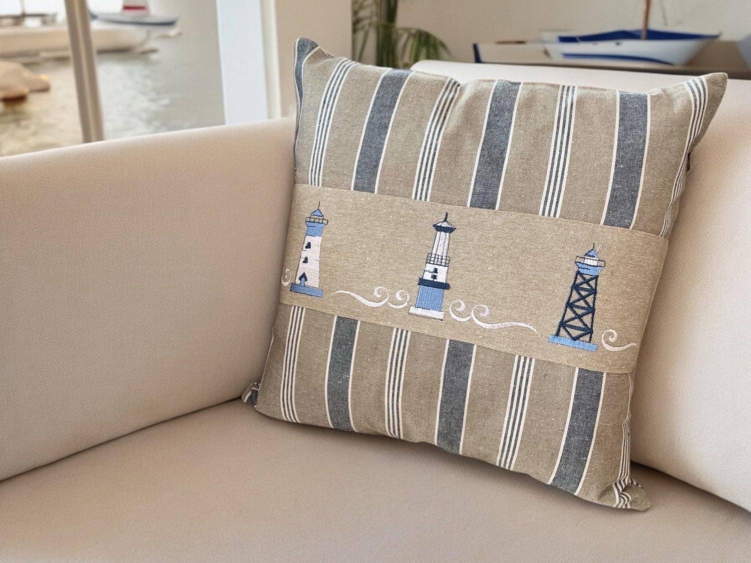 Nautical Pillow Cover –– Cotton Decorative Embroidered Design – Natural, Navy Blue and White - Size 16 X 16 Inch (Lighthouse)