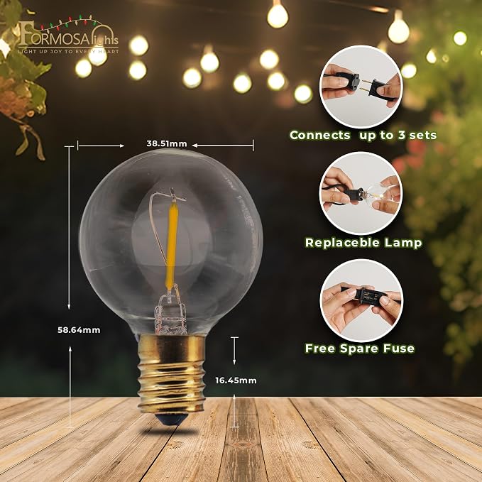 Formosa 26ft Indoor/Outdoor Clear LED Christmas String, Patio Light with 25 Retro Round Waterproof Edison Bulbs,G40 Shatterproof Globe Bulbs, Outside Hanging Lights for Gazebo Garden Backyard Decor miniatura 2