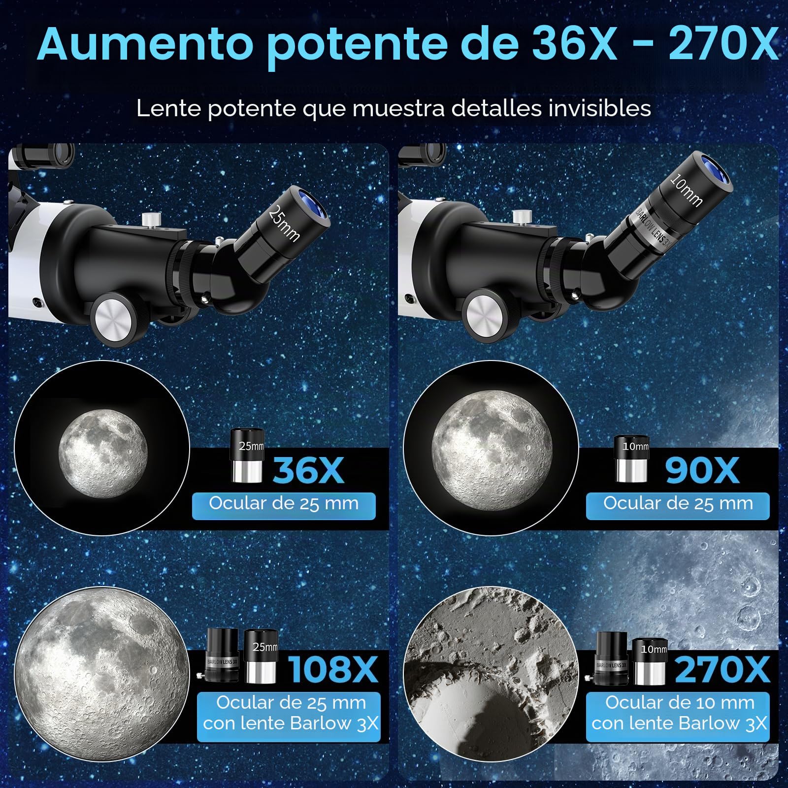 Telescopio, 90 mm Apertura 900 mm Telescopio Astronómico Profesional para Adultos Principiantes, Telescopio Refractor Portátil con Trípode,Teléfono Adaptador, Bolsa (Blanco)