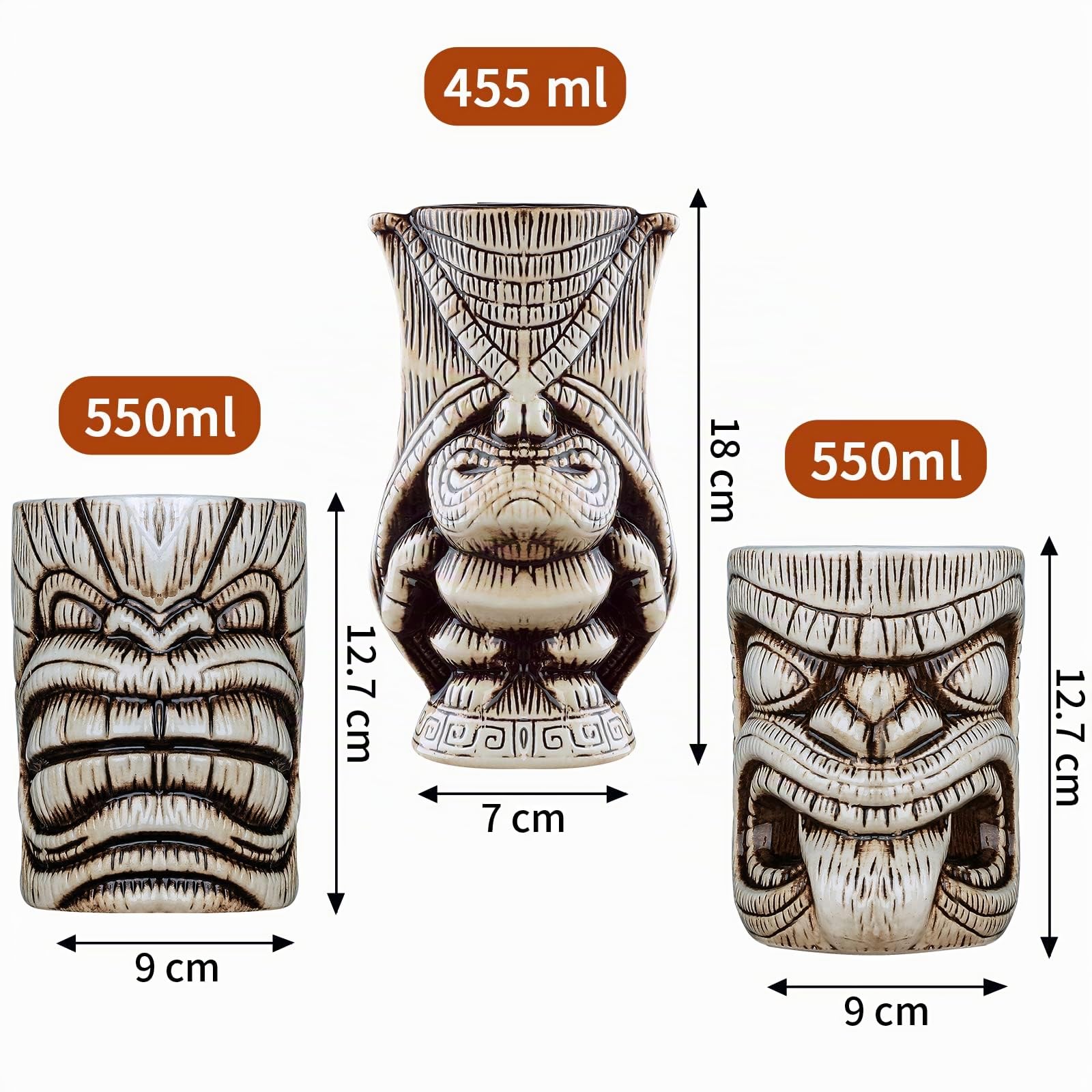 Lot de 3 verres à cocktail en céramique - Tiki exotiques - Décoration professionnelle pour bar hawaïen (3 pièces)