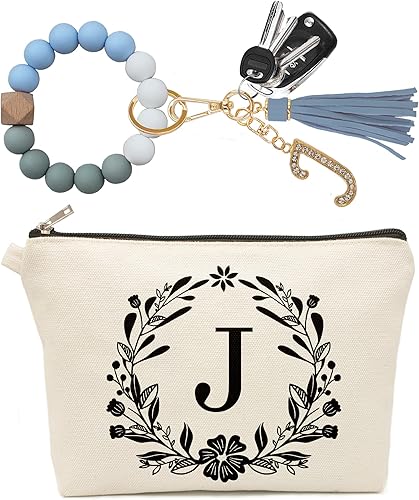Mcapirivo Bonita bolsa de maquillaje pequeña personalizada, pulsera de cuentas de silicona con inicial, bolsa de maquillaje floral, bolsa de