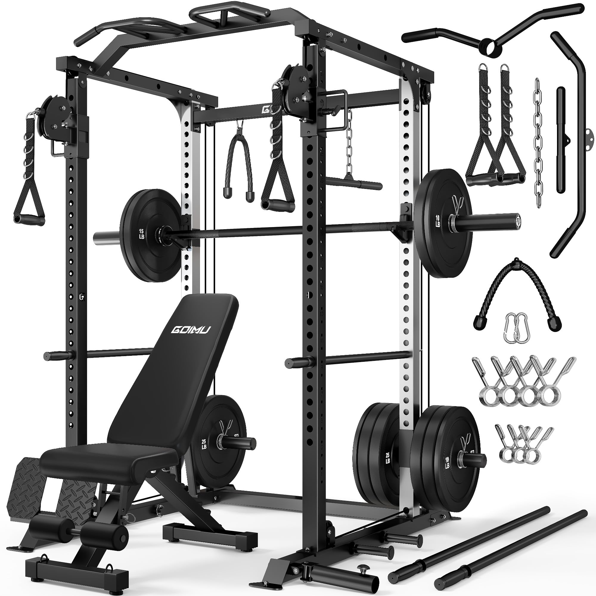 DP01 Power Cage, 2000LBS Squat Rack with Cable Crossover and Dual Independent Pulley System, Full Cage for Full Body Training, Power Rack with More Training Attachments for Home Gym