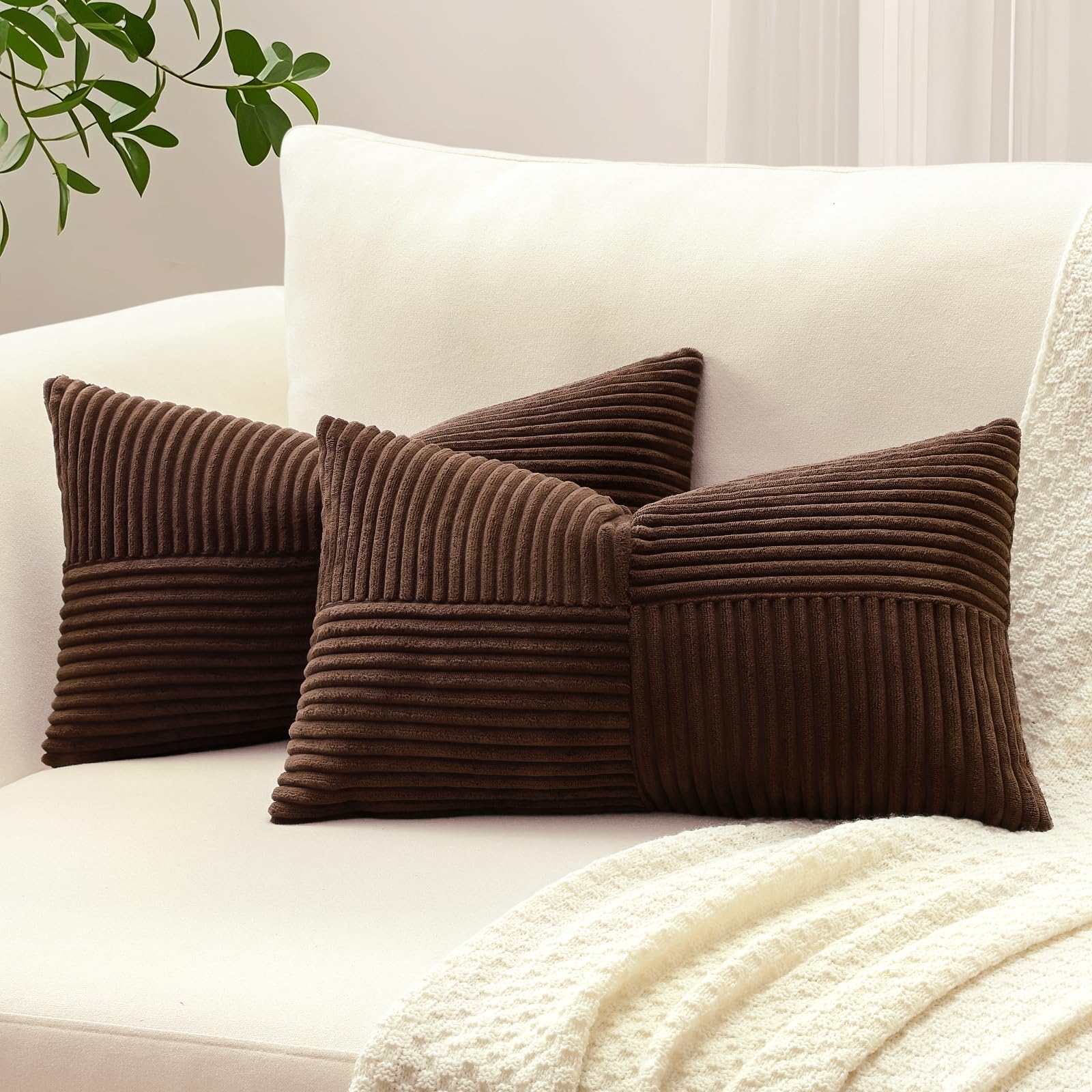 Sungeek Set of 2 Decorative Cushion Covers 30 x 50cm Soft Corduroy Striped Cross Patchwork Textured Pillow Covers Solid Lumbar Throw Pillow Cases for Sofa Bed Patio 12x20 Inch, Dark Brown — image 1