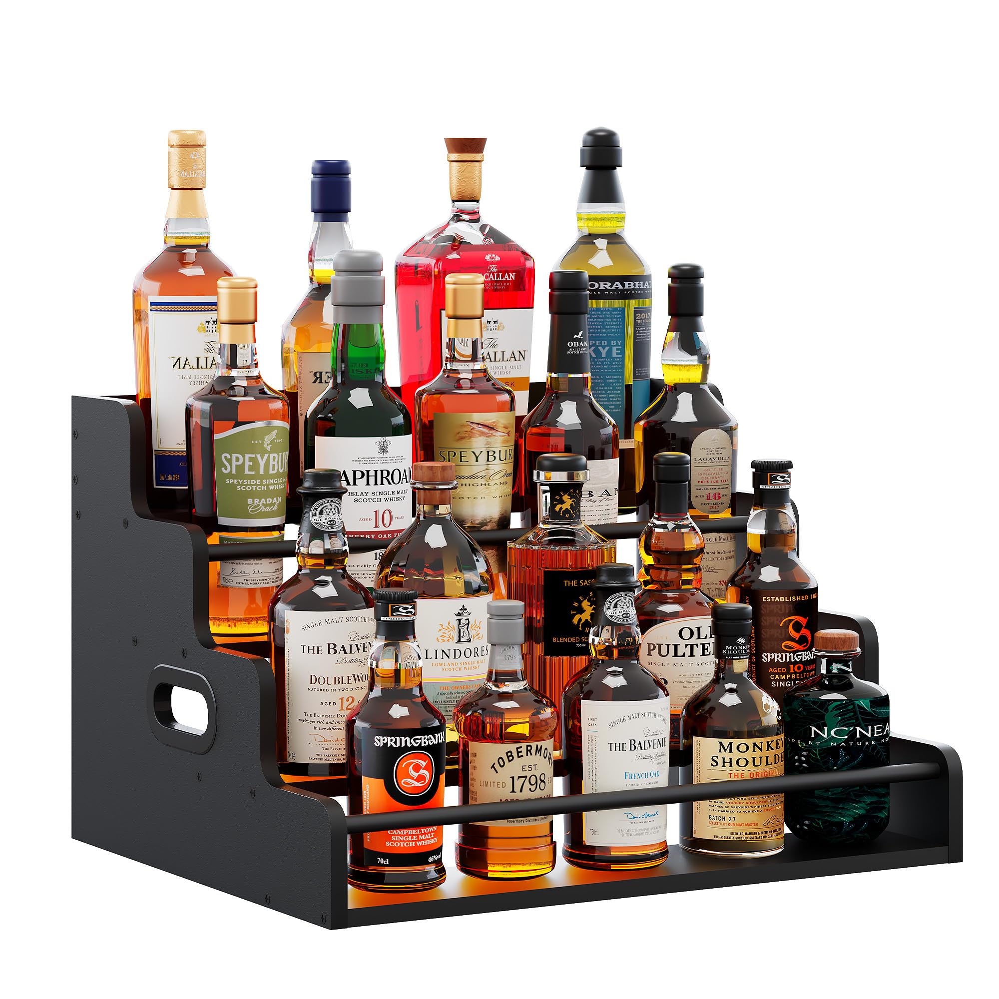 livelyglow 19.6”w x 15.74" d x 12.5" h inches versatile 4-step coffee syrup & water bottle organizer rack multi-functional retro display shelf for kitchen or bar, holds liquor & spirits, black