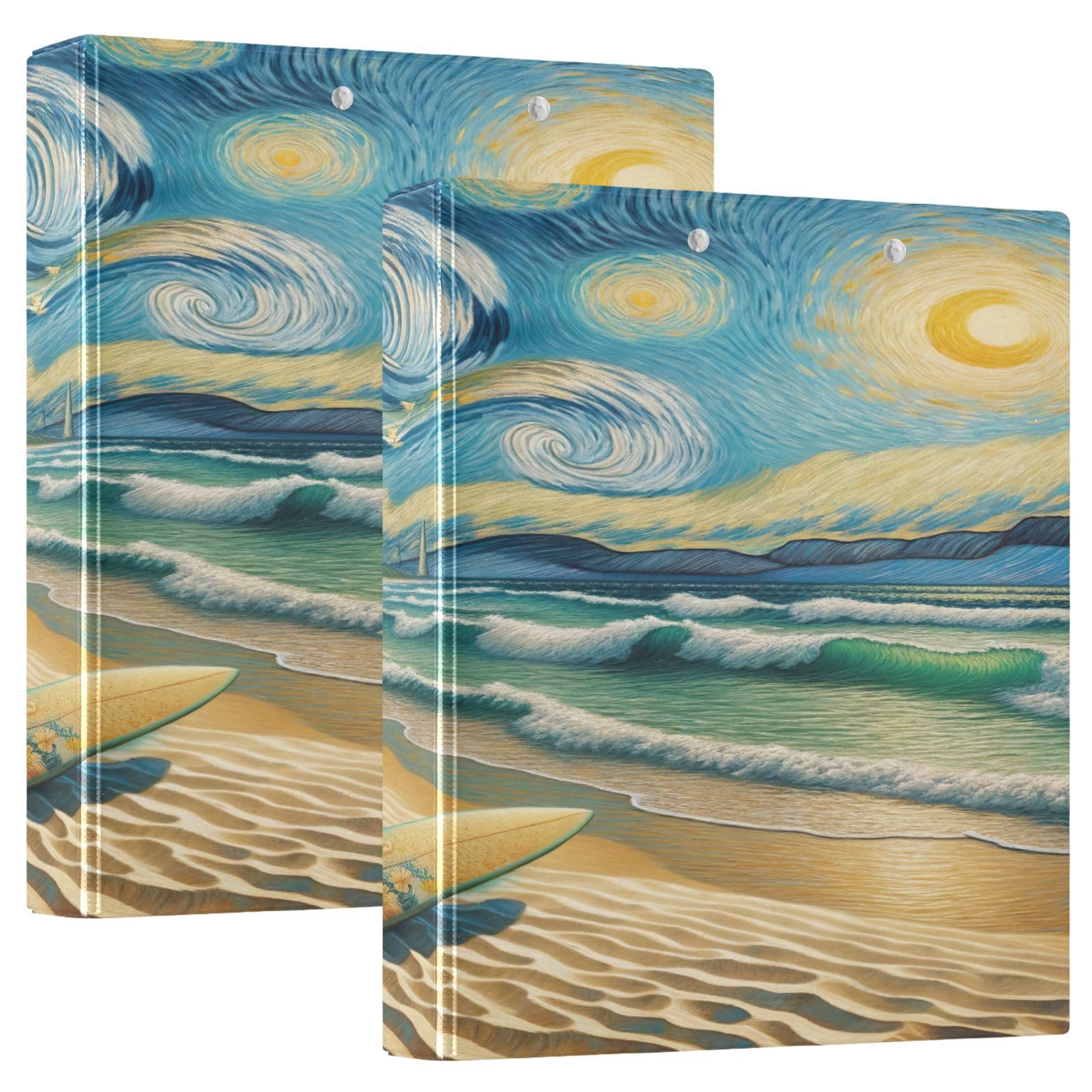 Raccoglitore a 3 anelli blu con motivo spiaggia stellata, confezione da 2 raccoglitori ad anelli rotondi, grande raccoglitore a 3 anelli