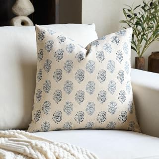 FIOUOVO Floral Vintage Throw Pillow Covers 20x20 Pillow Cover Block Print Decorative Cushion Covers Farmhouse Neutral Accent Home Décor for Sofa Couch Living Room Bedroom, 1PC, Aqua Blue