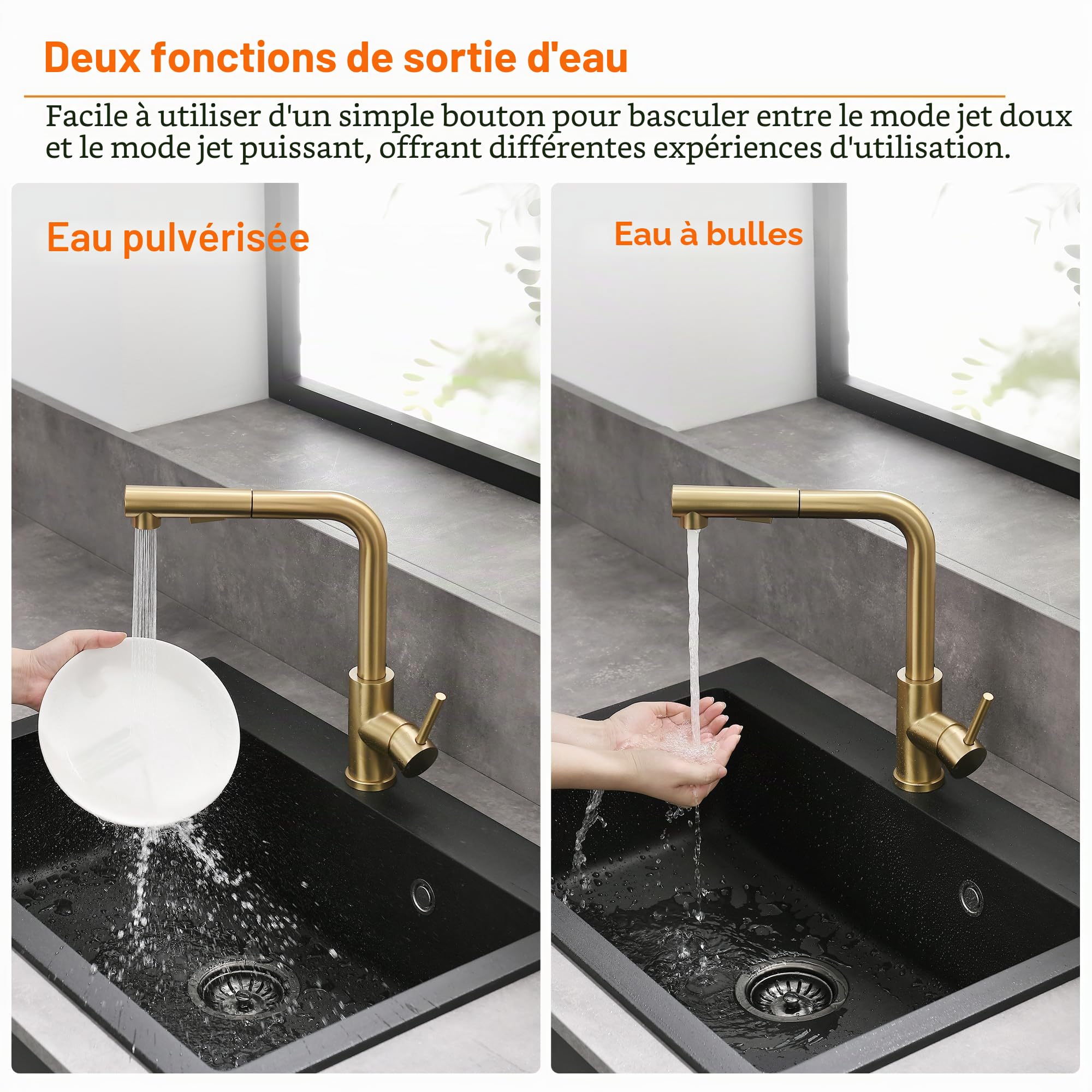 Tohlar robinet de cuisine doré, amatur extensible avec douchette magnétique, deux types de jet, robinet d'évier haute pression, en forme de L, acier inoxydable brossé
