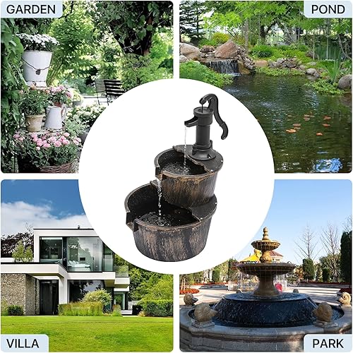 Miniatura 8 de MoNiBloom Fuentes de agua para exteriores, 27 pulgadas de alto con barril y bomba de 2 niveles y bomba de cascada para patio al aire libre, jardín,