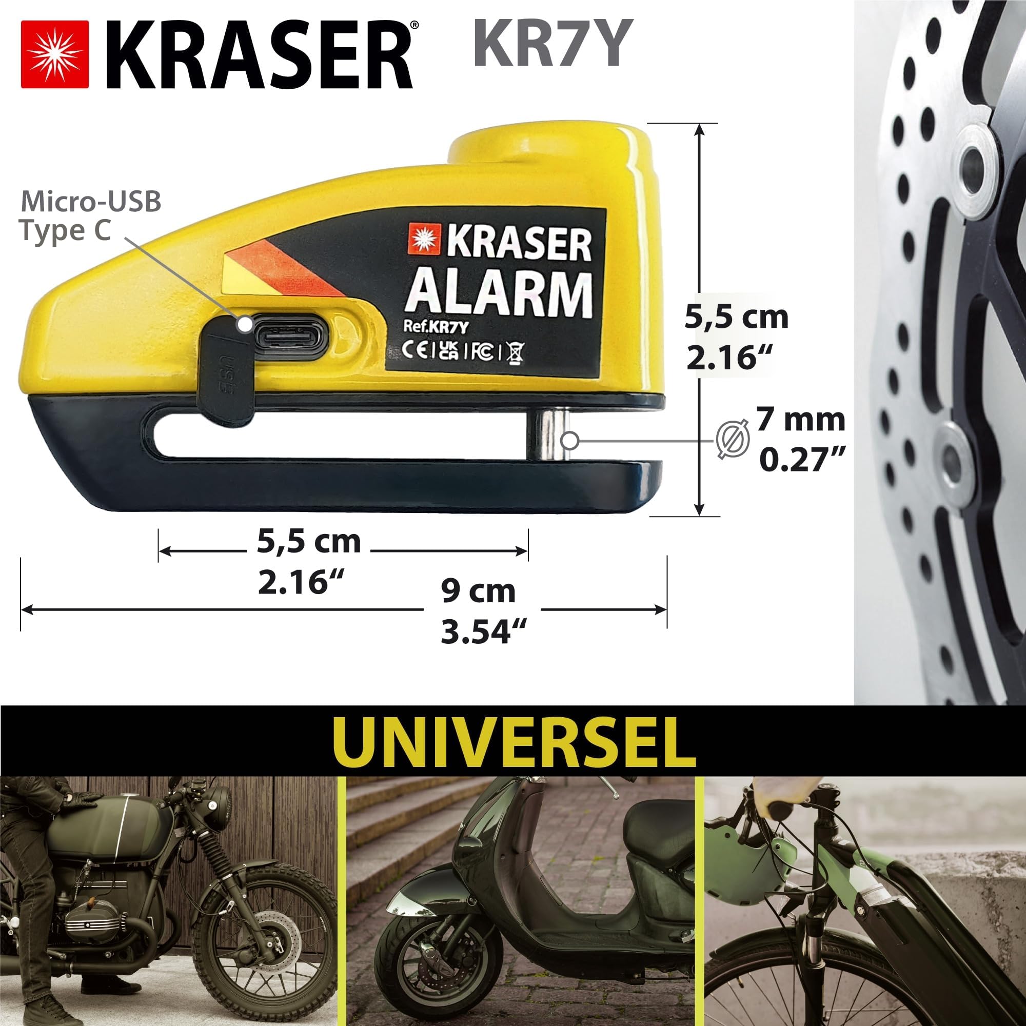 KRASER KR7Y Antivol Moto Bloque Disque Alarme USB Rechargeable, 110dB, Visible avec Accessoires, Antivol Universel Bloc Frein Roue Universel Scooter Moto Velo