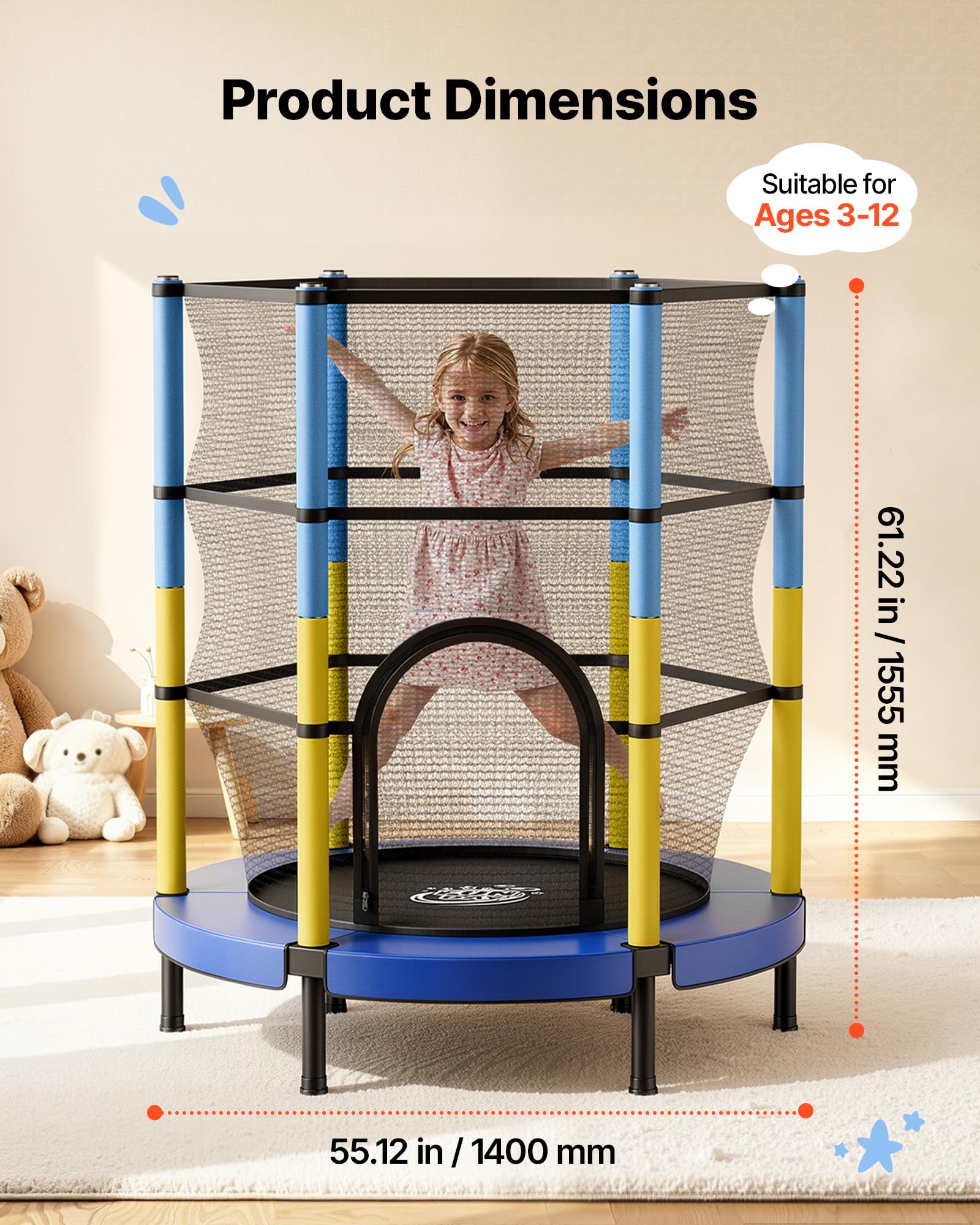 VEVOR Trampolino Elastico Giocattolo Bambini 142 cm Carico Dinamico 60 kg, Trampolino con Rete di Protezione a 360° per Salto, Struttura Rotonda, Gioco Ginnastico da Esterno Interno, Casa Cortile