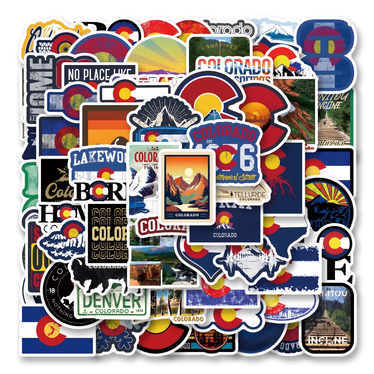 Photo 1 of 136pcs Colorado Stickers Pack, Vinyl Waterproof Decals for Water Bottle,Laptop,Phone,Skateboard,Scrapbooking,Bumper for Fans for Party Supply
