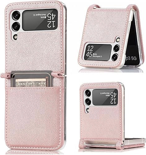 Miniatura 9 de Funda para Galaxy Z Flip 5, Samsung Galaxy Z Flip 5 de piel sintética de lujo, funda protectora para teléfono, ranuras para tarjetas, bolsillo para