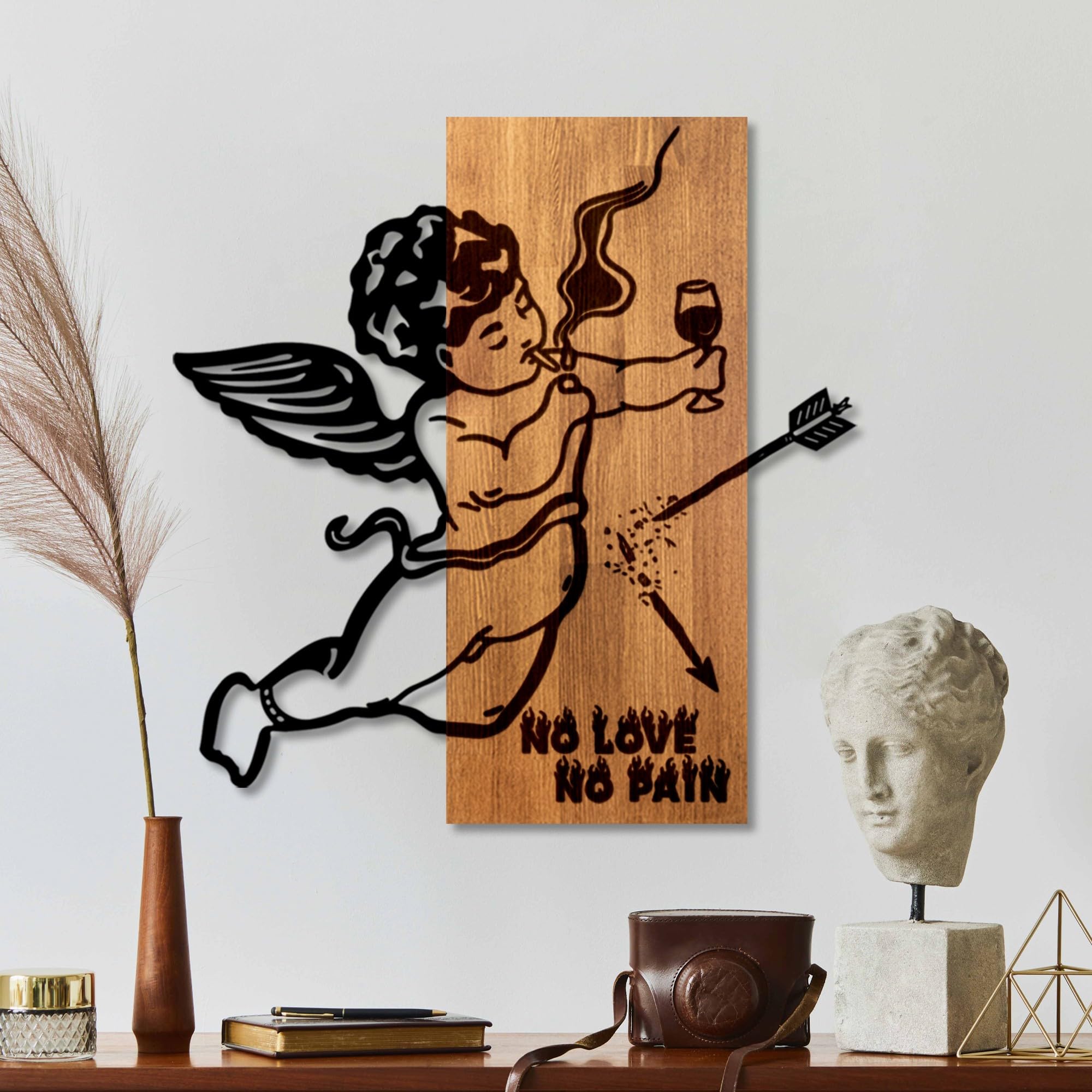 Elegant Decorative Wooden Wall Accessory, Walnut & Black, 57 x 58 x 3 cm, 50% Wood (3 cm) & 50% Metal (1.5 cm), Unique Design for Modern Spaces