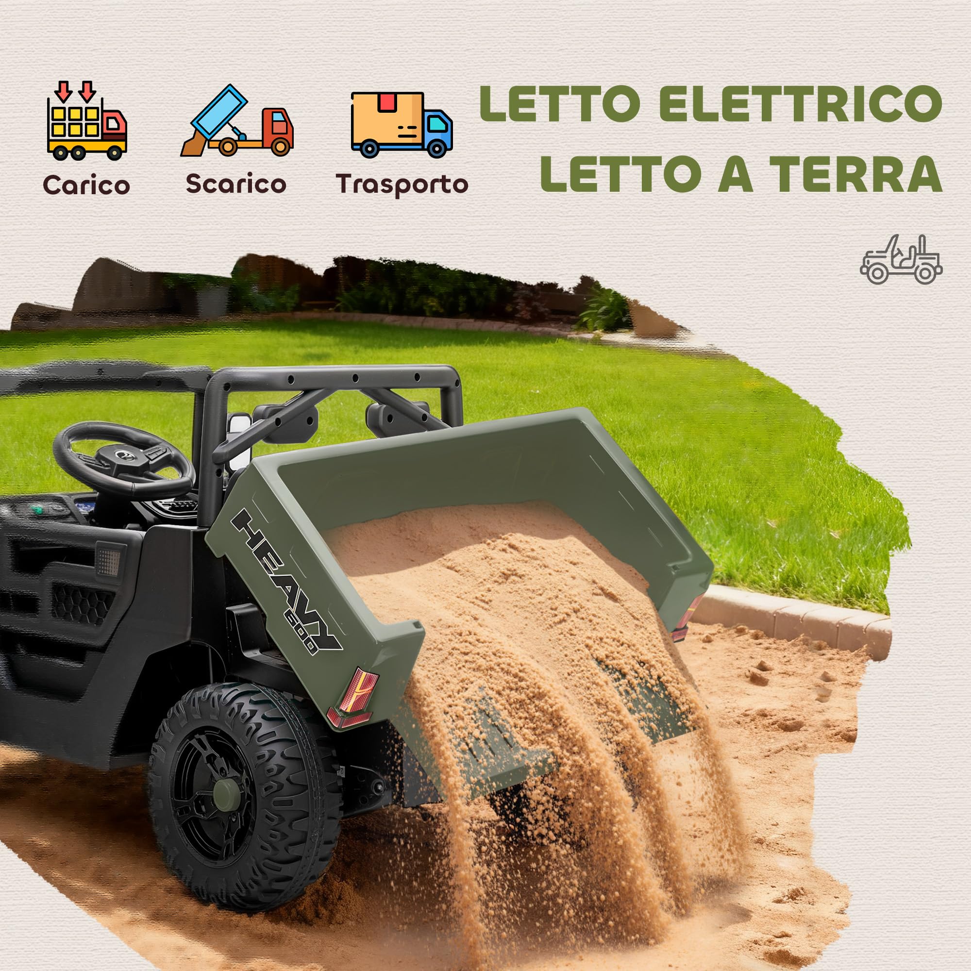 AIYAPLAY Macchina Elettrica per Bambini UTV 12V Fuoristrada Auto per Bambini con Bagagliaio, 2 Motori, Cintura 3 Punti, Telecomando, Sospensioni, USB, Musica, Luci, 1.8-3.7 km/h, 3-8 Anni, Verde